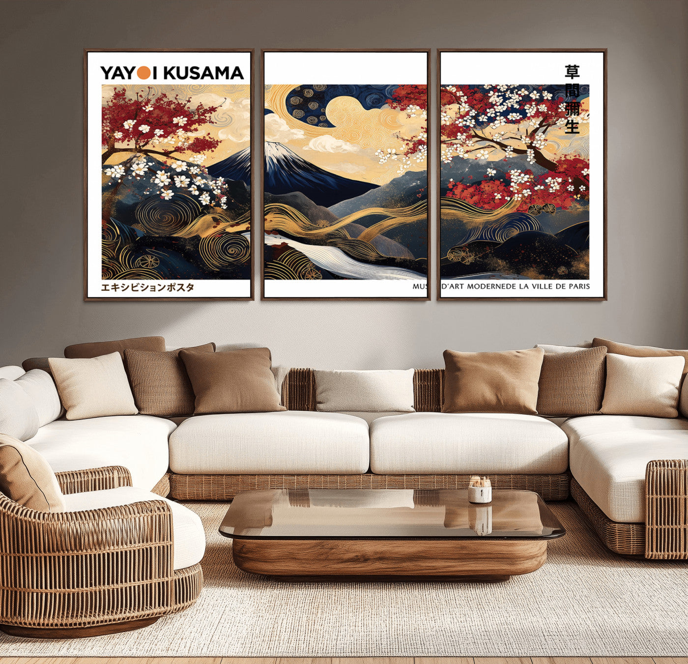 66243961-MGV-CV-36X24-Mount Fuji Japanese Wall Art – Golden Abstract Landscape Canvas Print, Cherry Blossom Painting, Modern Oriental Zen Home Decor