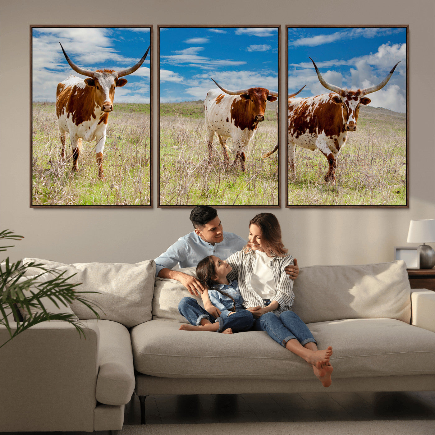 58099948-MGV-FC-60X30-3P_Walnut-Texas Longhorn Wall Art Canvas Print, Framed Western Decor Art Picture Print, Rustic Farmhouse Perfect Western Farmhouse Decor