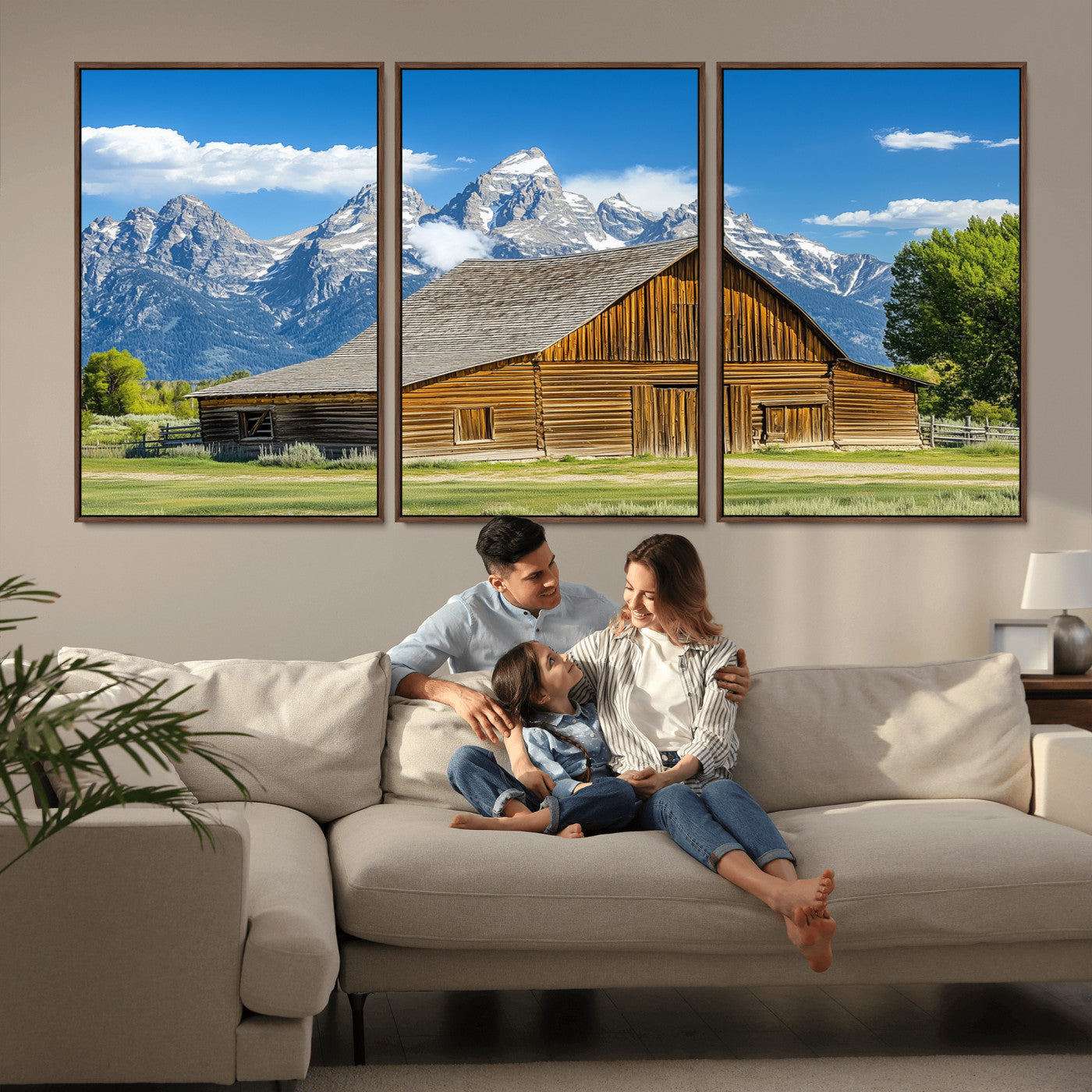 75948467-MGV-FC-60X30-3P_Walnut-Mountain Barn Scene Wall Art Canvas Print, Framed Rustic Farmhouse Style Art Picture Print, Country Cabin Decor Perfect Rustic