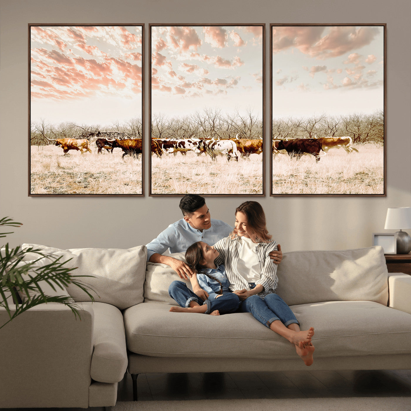 43704663-MGV-FC-60X30-3P_Walnut-Country Cow Herd Wall Art Canvas Print, Framed Farmhouse Cattle Scene Art Picture Print, Rustic Ranch Decor Perfect Rustic