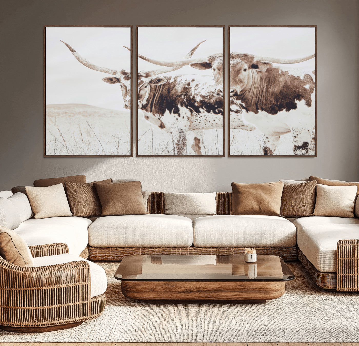 48161868-MGV-CV-36X24-Longhorn Cow Decor Wall Art Canvas Print, Framed Rustic Cattle Art Picture Print, Sepia Western Vibe Perfect Neutral Rustic