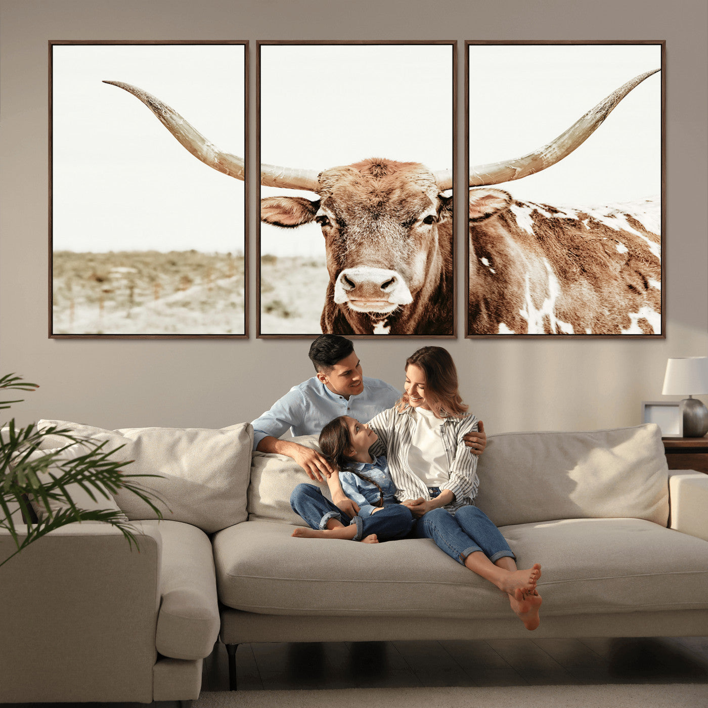 98924580-MGV-FC-60X30-3P_Walnut-Texas Longhorn Bull Wall Art Canvas Print, Framed Rustic Farmhouse Decor Art Picture Print, Western Animal Theme Perfect Rustic
