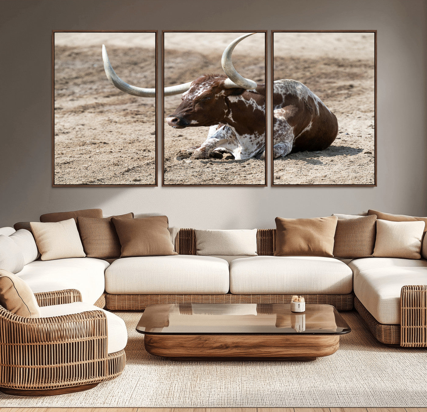 76549210-MGV-CV-36X24-Texas Longhorn Wall Art Canvas Print, Framed Country Living Art Picture Print, Farmhouse Aesthetic Perfect Western Rustic Decor