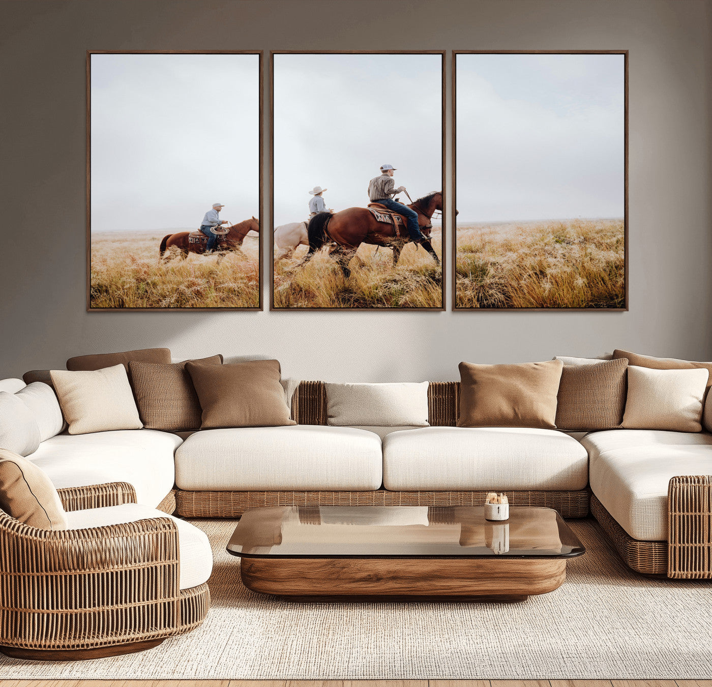 94723307-MGV-CV-36X24-Western Cowboys Wall Art Canvas Print, Framed Rustic Prairie Art Picture Print, Horseback Riding Perfect Rustic Western Decor