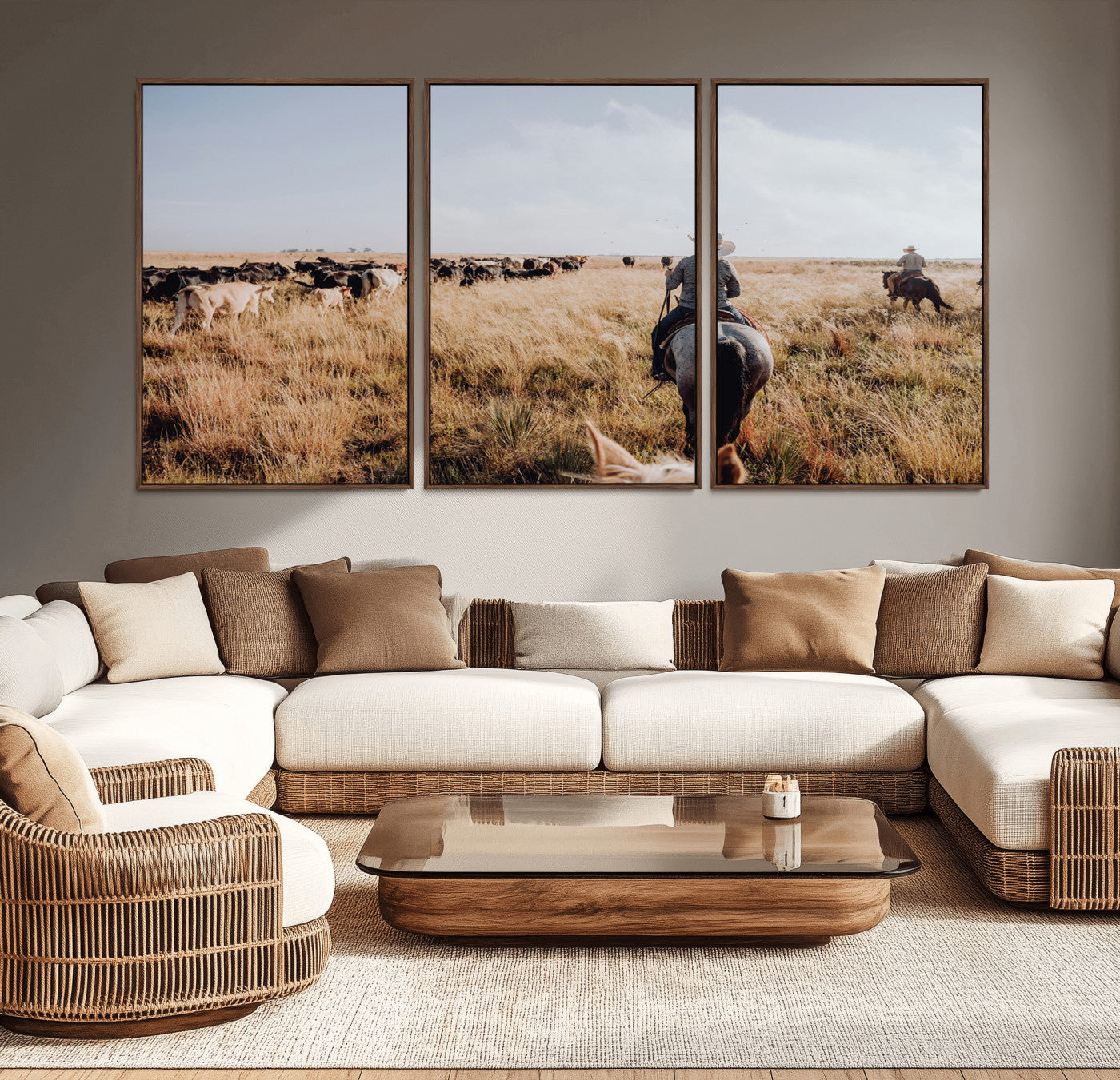 22431577-MGV-CV-36X24-Western Wall Art Wall Art Canvas Print, Framed Cowboy Canvas Art Picture Print, Cattle Drive Scene Perfect Rustic Western Decor
