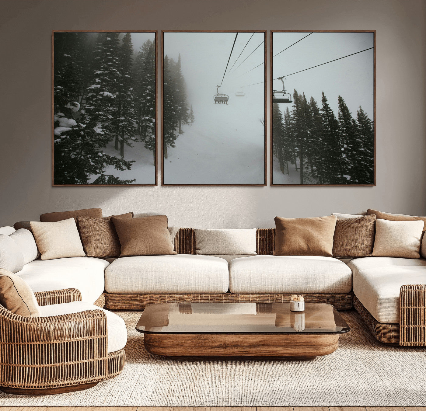 87018452-MGV-CV-36X24-Ski Lift Wall Art Canvas Print, Framed Snowy Pines Art Picture Print, Misty Landscape Perfect Winter Serenity Decor Artwork