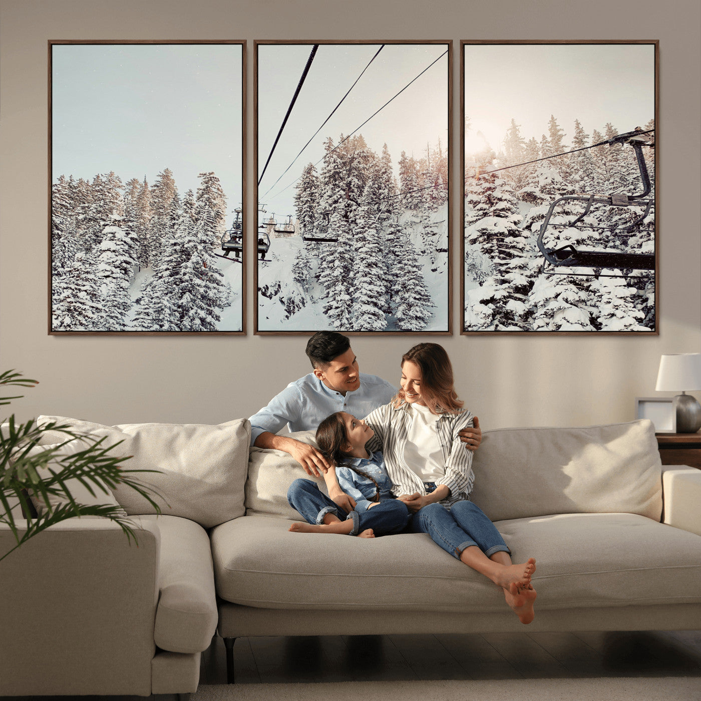 91534512-MGV-CV-36X24-Frosty Pines Wall Art Canvas Print, Framed Cozy Cabin View Art Picture Print, Ski Lift Ride Perfect Rustic Lodge Decor Artwork