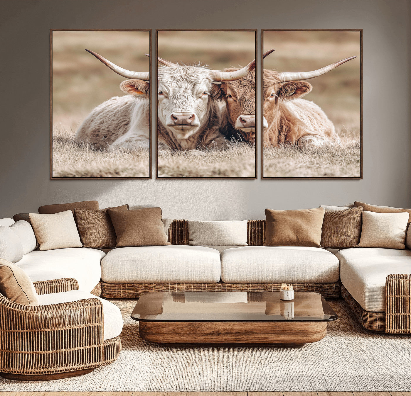 38651722-MGV-CV-36X24-Cow Wall Art – Rustic Longhorn Pair Canvas Print, Western Farmhouse Animal Painting, Country Ranch Decor for Living Room, Bedroom,