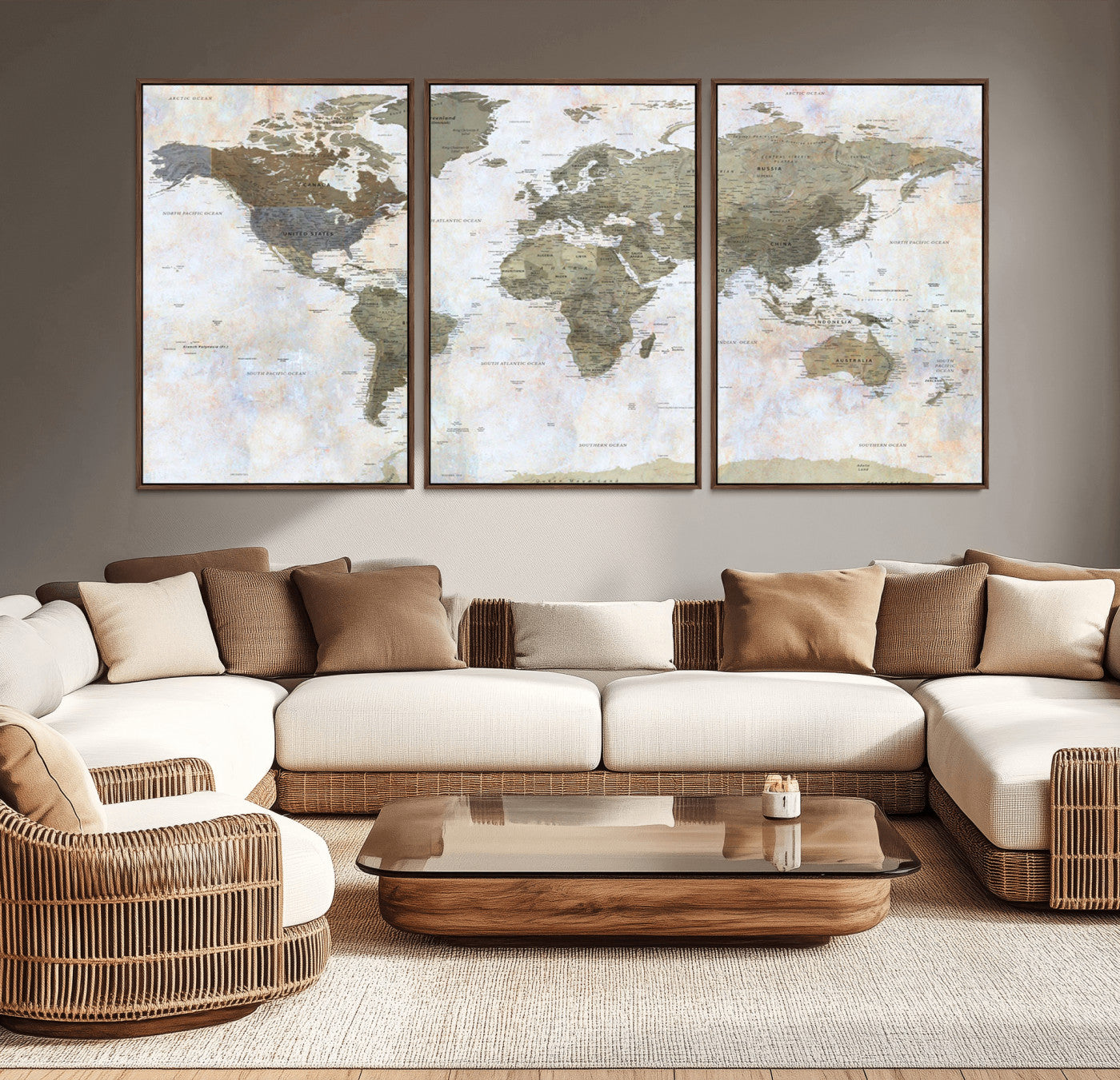 49530522-MGV-CV-36X24-Earthy Vintage World Map Wall Art – Rustic Pastel Toned Atlas – Large Canvas Travel Decor for Study, Living Room, or Office Wall