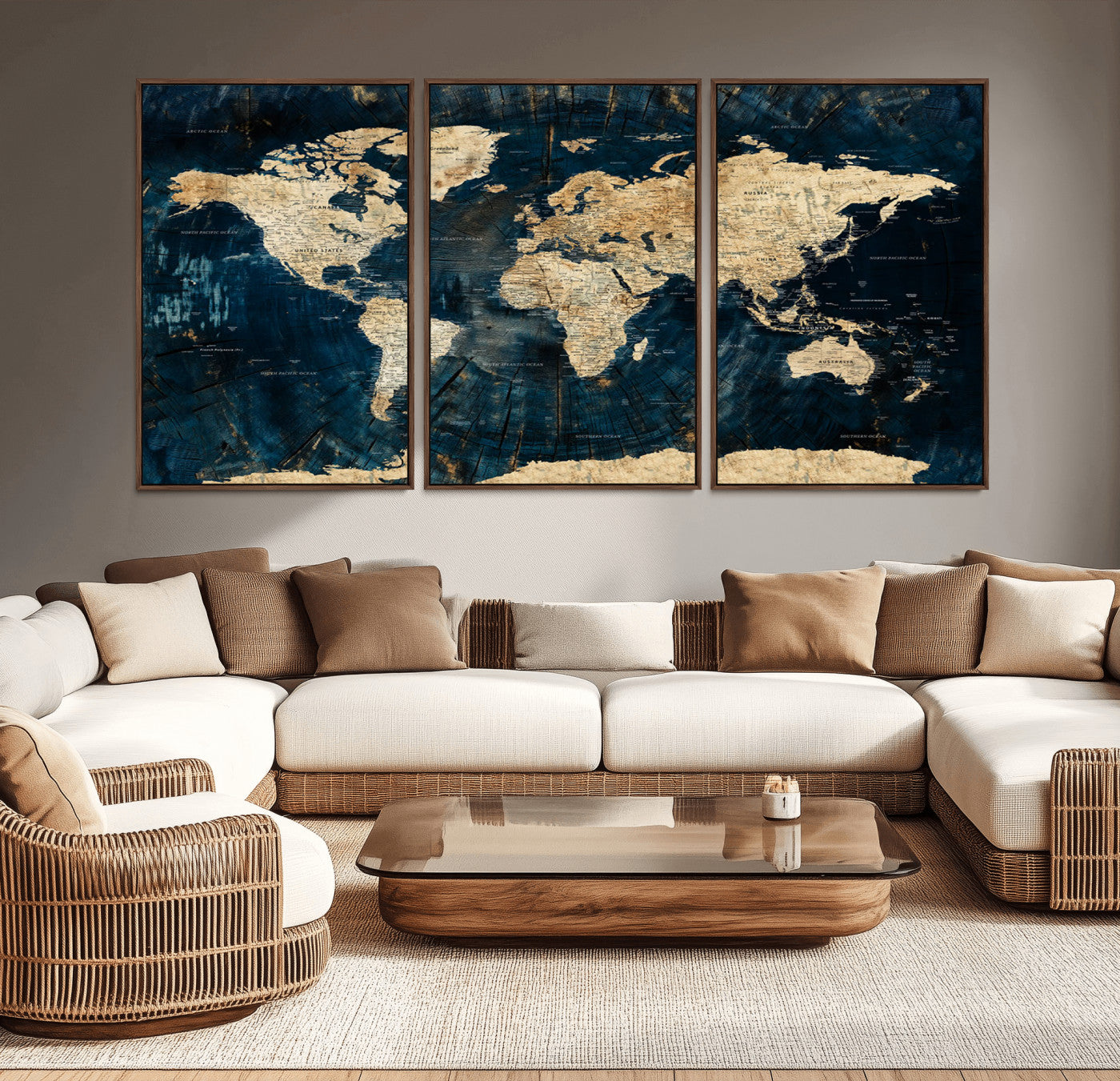 41767444-MGV-CV-36X24-Rustic Navy Blue and Gold World Map Wall Art – Vintage Explorer Atlas on Distressed Canvas – Bold Statement Decor for Office or
