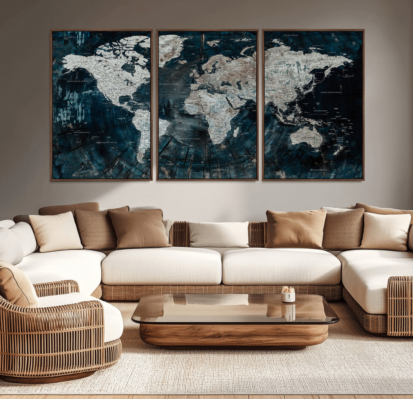 34425609-MGV-CV-36X24-World Map Wall Art – Rustic Navy and Grey Atlas Canvas Print, Distressed Explorer Map Artwork, Industrial Style Decor for Office,