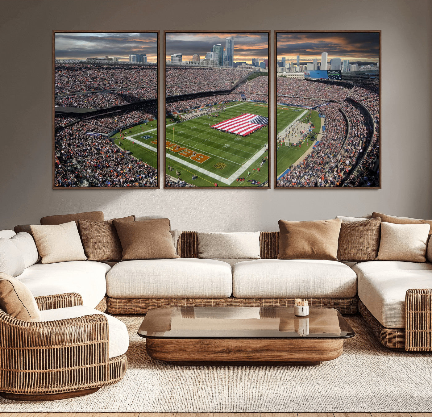 98106777-MGV-CV-36X24-Soldier Field Wall Art – Chicago Bears Stadium Canvas Print with American Flag, Game Day Football Decor for Man Cave, Bar, or