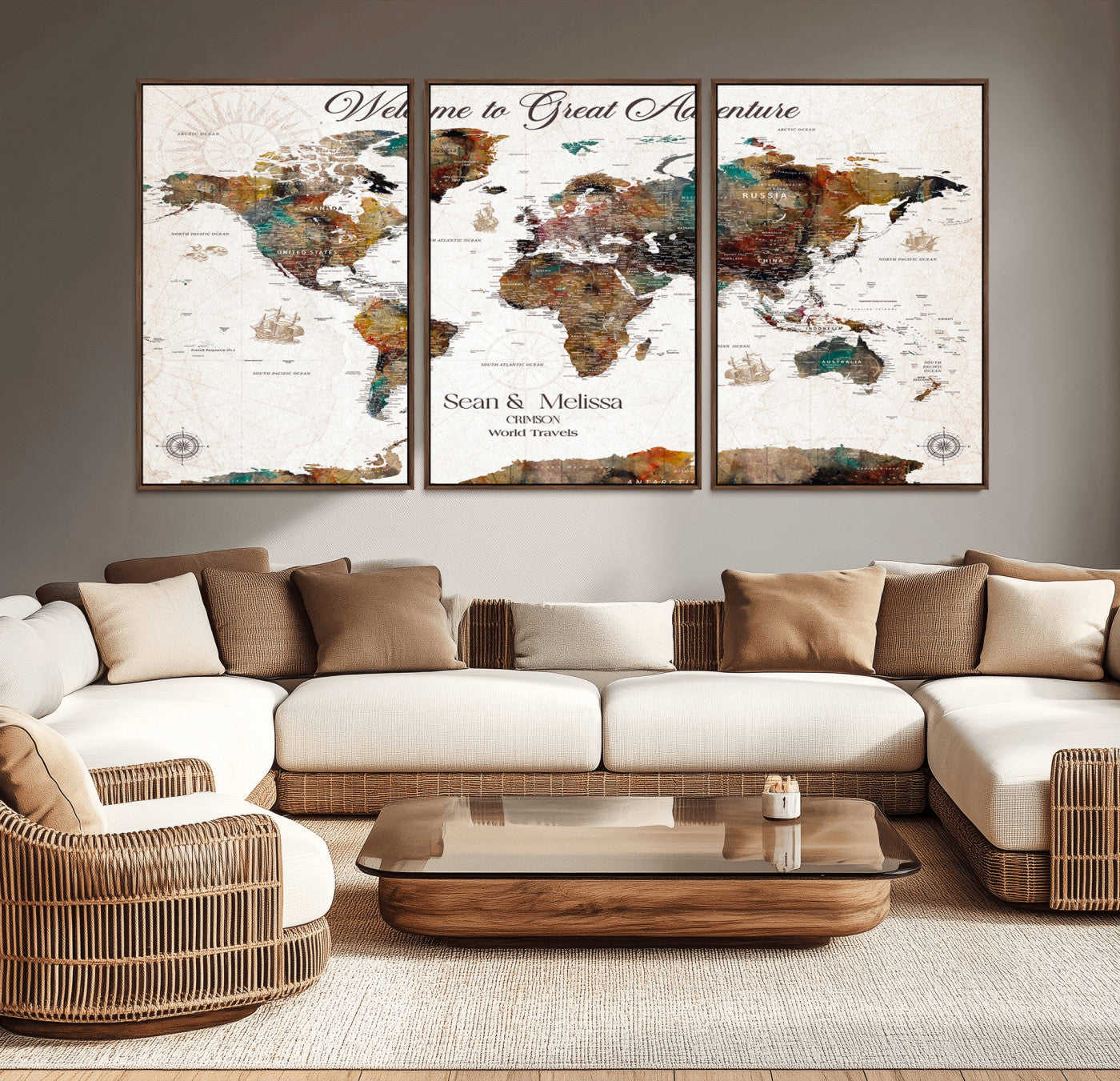 92462592-MGV-CV-36X24-Welcome to Great Adventure World Map Wall Art – Vibrant Travel Canvas Print, Colorful Rustic Explorer Decor for Living Room,