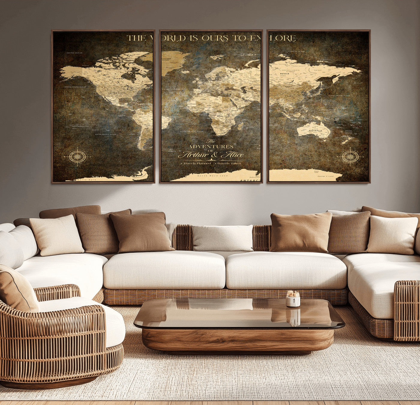 99276334-MGV-CV-36X24-Vintage Sepia World Map Wall Art – Antique Travel Adventure Canvas Print, Rustic Explorer Map Artwork, Classic Wanderlust Decor