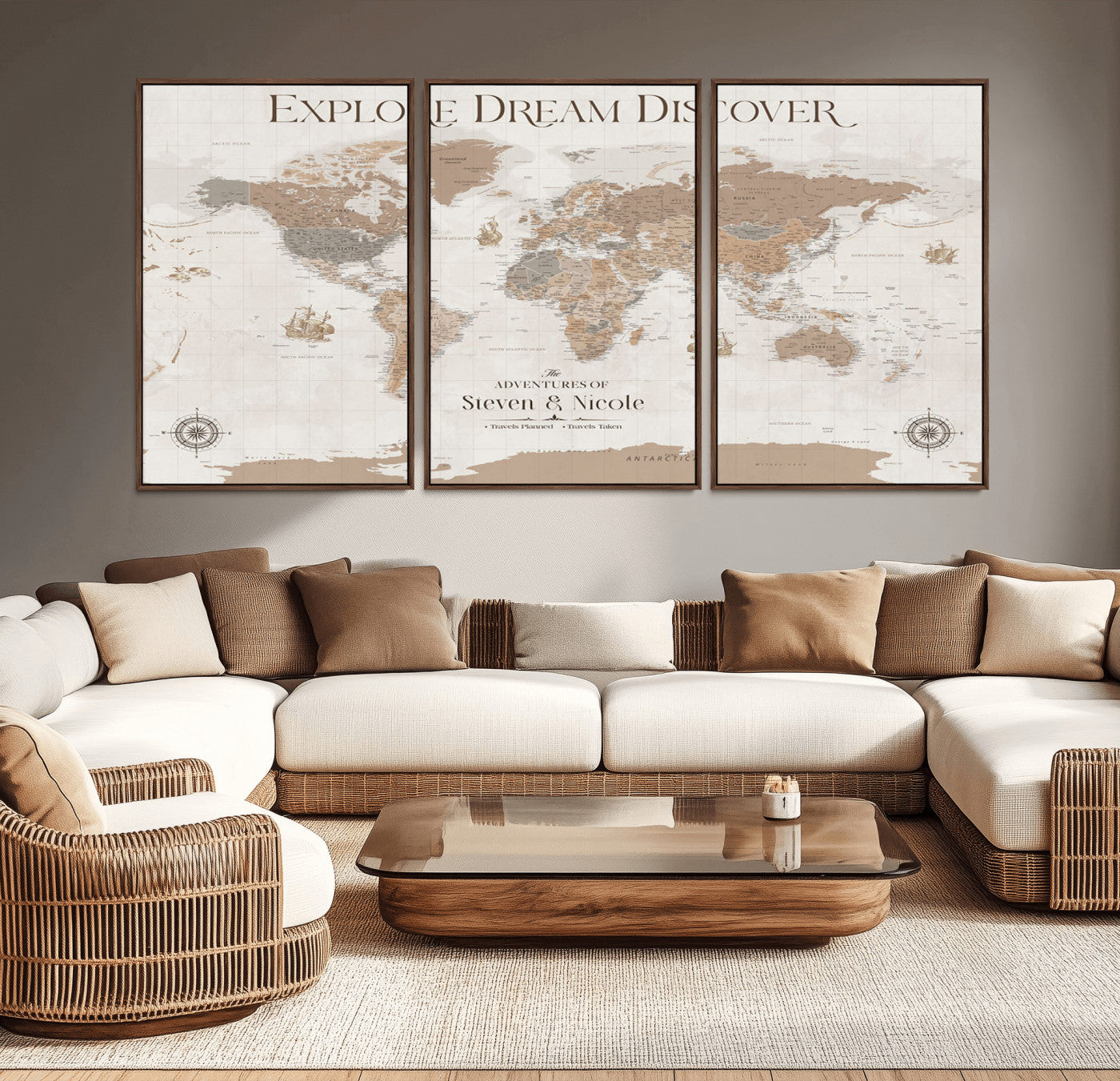 63516865-MGV-CV-36X24-Explore Dream Discover World Map Wall Art – Inspirational Travel Adventure Canvas Print, Neutral Parchment Style Explorer Decor