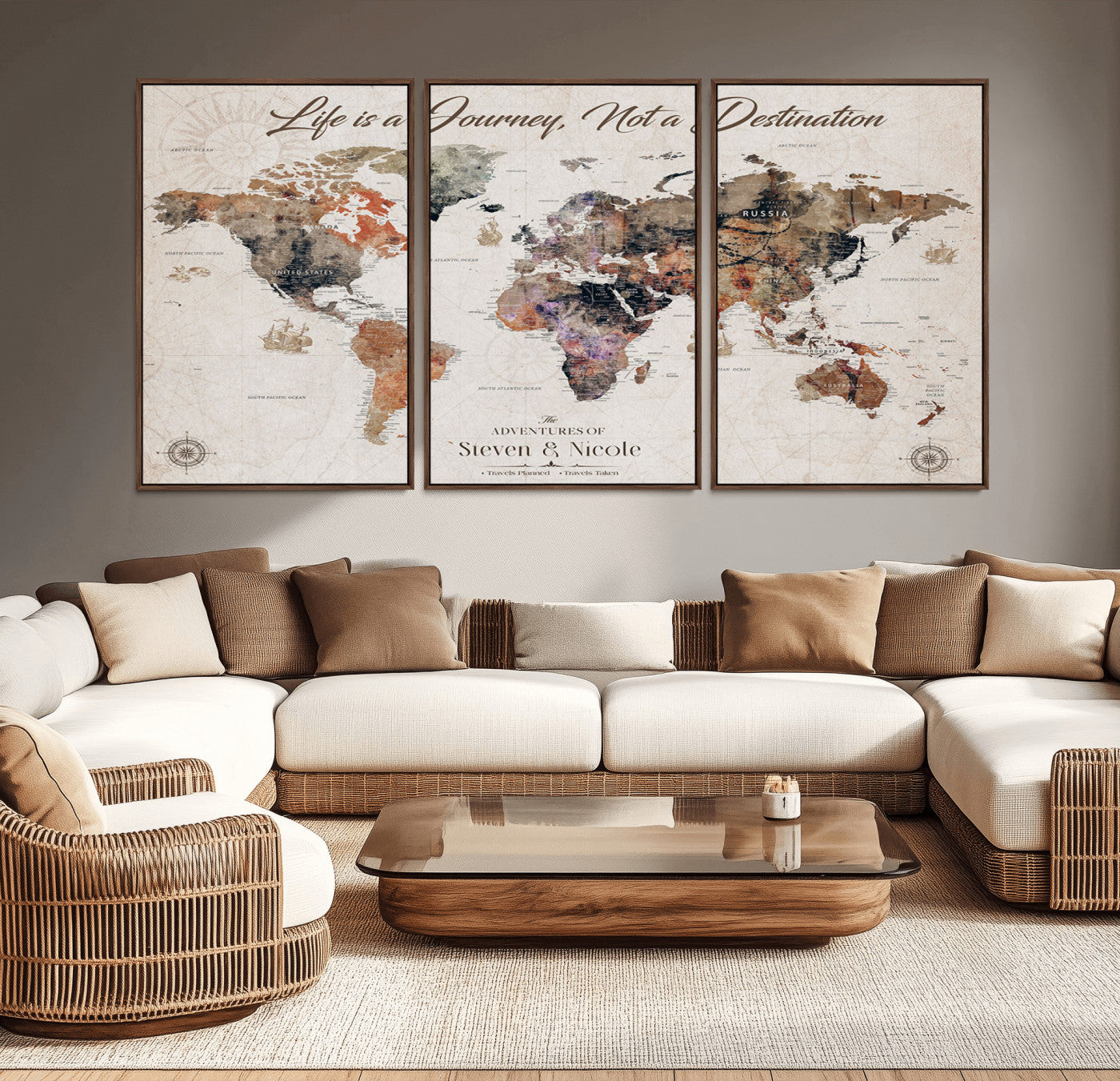 47737072-MGV-CV-36X24-Life is a Journey Not a Destination World Map Wall Art – Vintage Travel Adventure Canvas Print, Rustic Inspirational Decor for