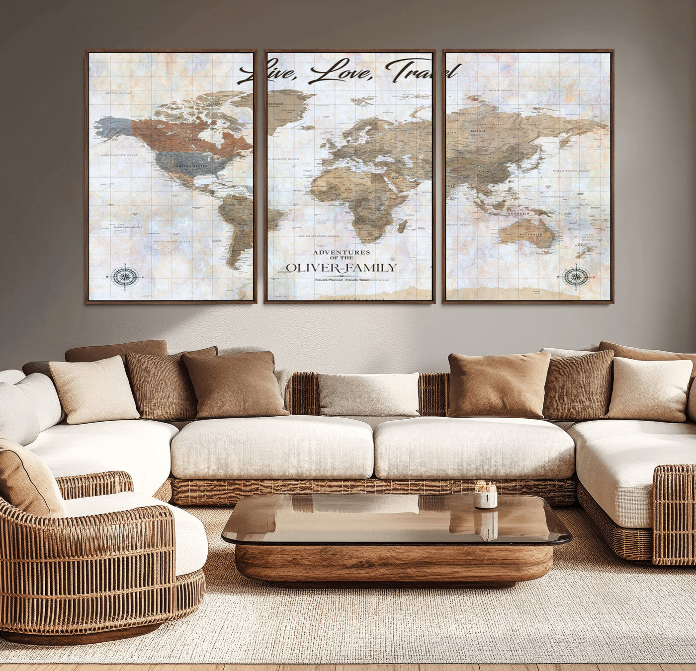 43924907-MGV-CV-36X24-Live Love Travel Wall Art – Neutral World Map Canvas Print, Rustic Adventure Decor for Home, Office or Living Room, Unique Gift