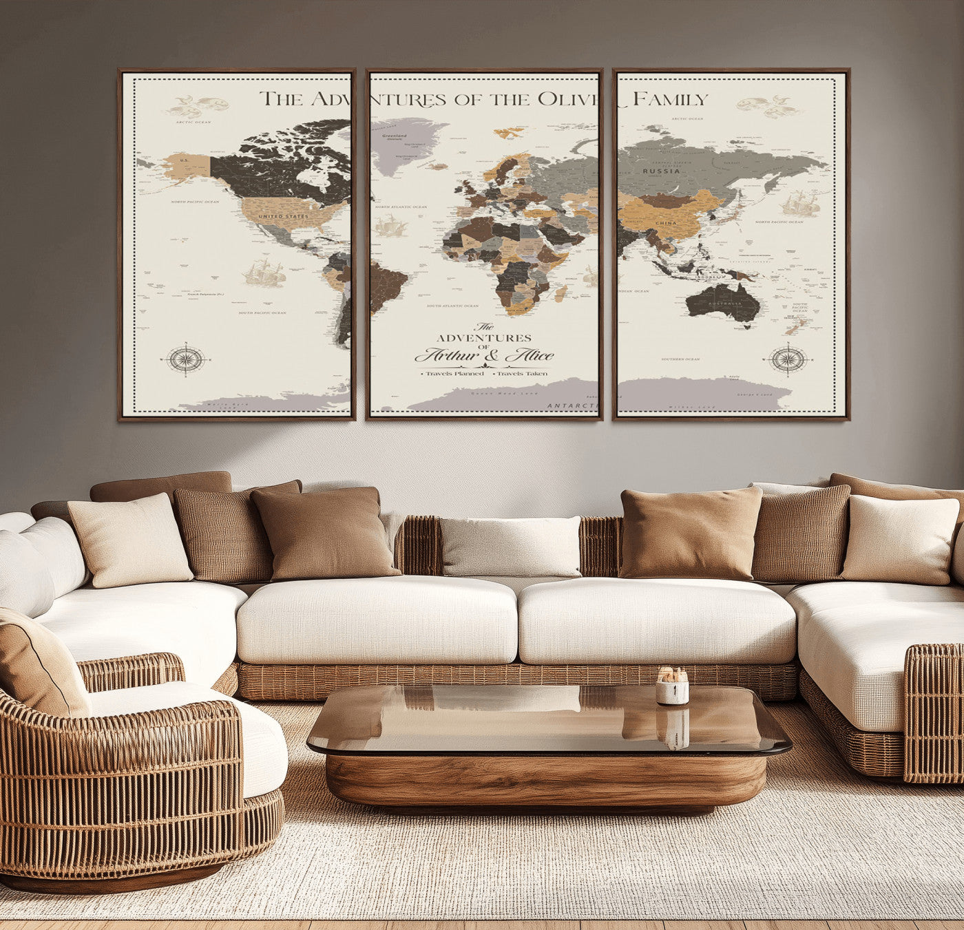 38723540-MGV-CV-36X24-Adventures of the Oliver Family Wall Art – Earth Tone World Map Canvas Print, Minimalist Travel Decor for Living Room, Bedroom or