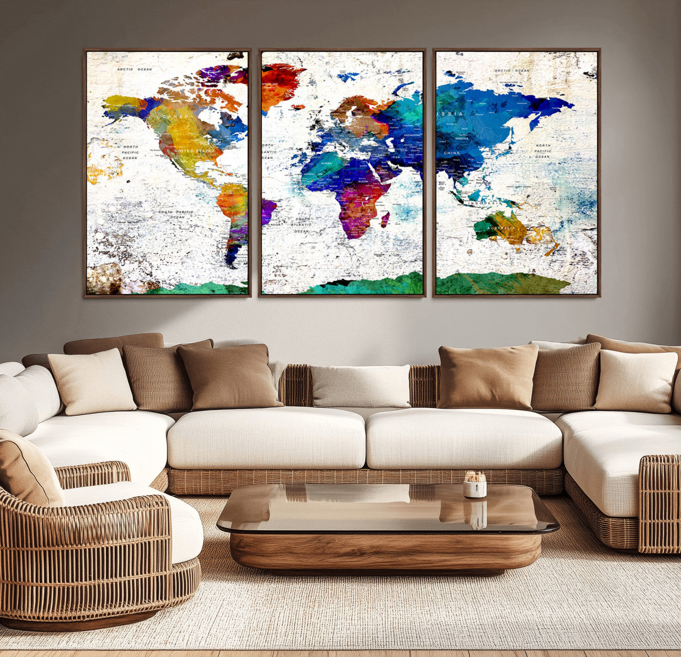 51312063-MGV-CV-36X24-Colorful World Map Wall Art – Abstract Watercolor Canvas Print, Modern Travel Decor for Living Room, Office, Classroom or