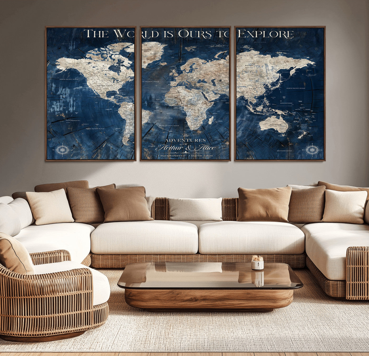 31074501-MGV-CV-36X24-Rustic Blue World Map Wall Art – Explorer Style Canvas Print, Vintage Travel Decor for Living Room, Study, Office or Wanderlust