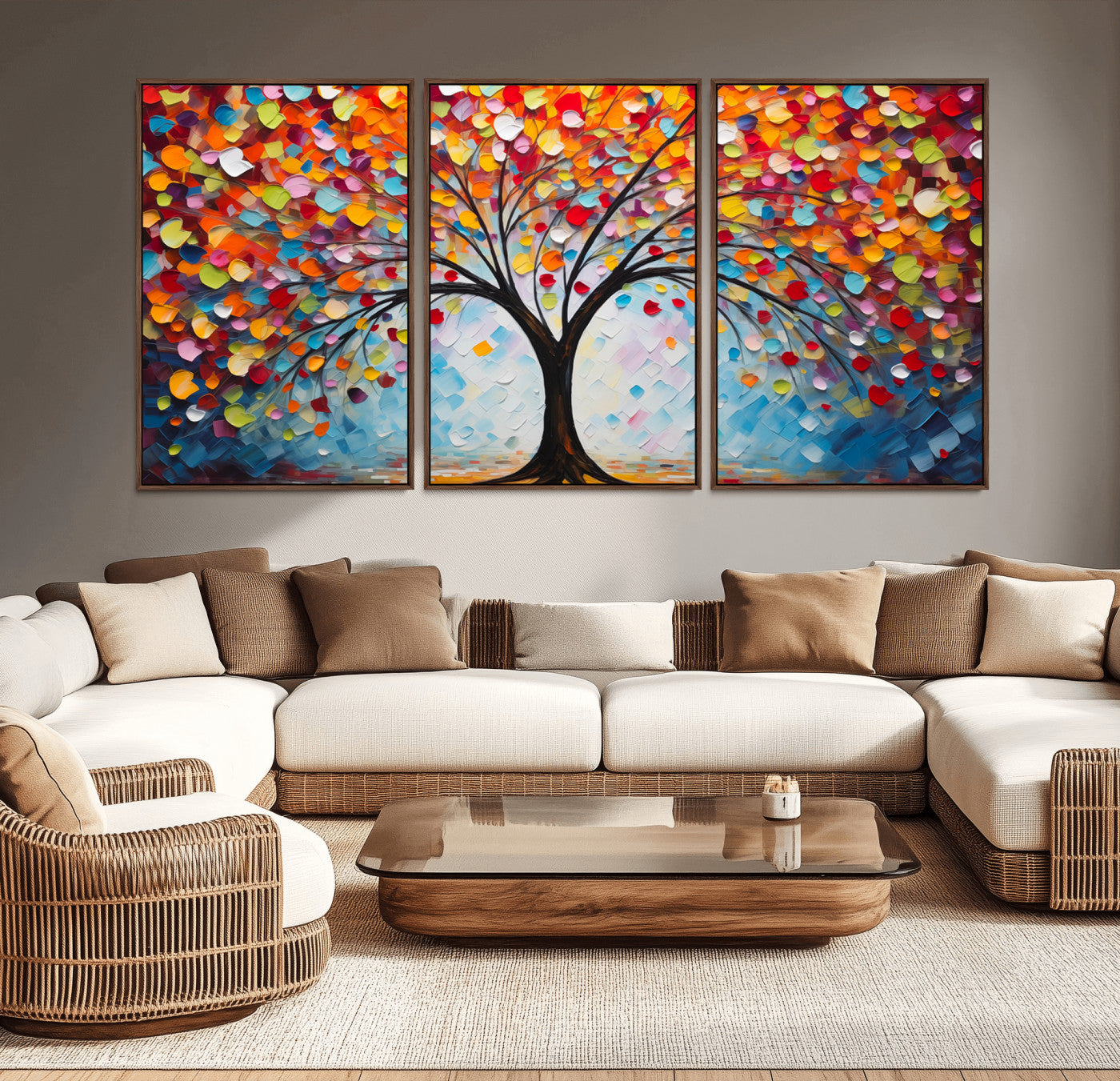 HS2447-MGV-CV-36X24-Colorful Abstract Tree Wall Art – Vibrant Palette Knife Painting, Modern Textured Canvas, Rainbow Nature Artwork for Living Room