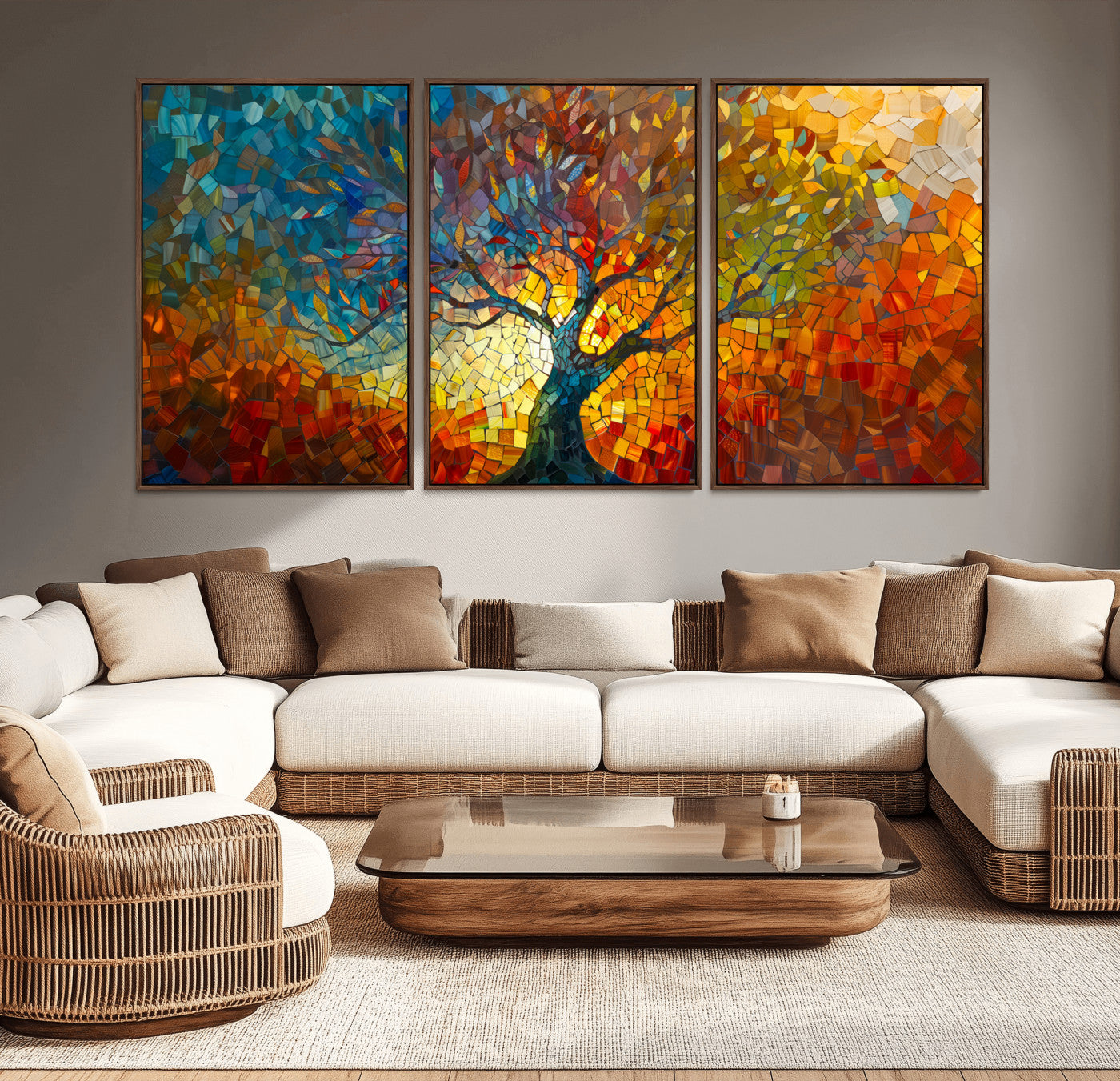 Mozaik2-MGV-CV-36X24-Mosaic Abstract Tree Wall Art – Vibrant Stained Glass Style Painting, Colorful Nature Artwork on Canvas, Modern Living Room
