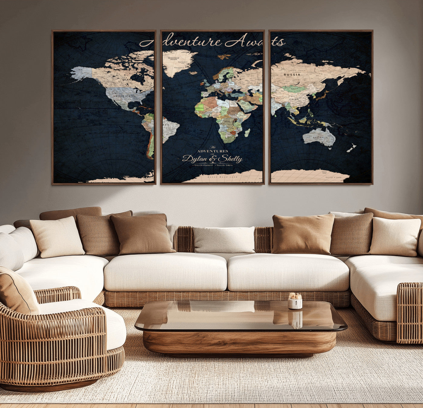 43186793-MGV-CV-36X24-World Map Wall Art – Vintage Adventure Awaits Canvas Print, Travel Inspired Push Pin Map Decor for Living Room, Office, Bedroom
