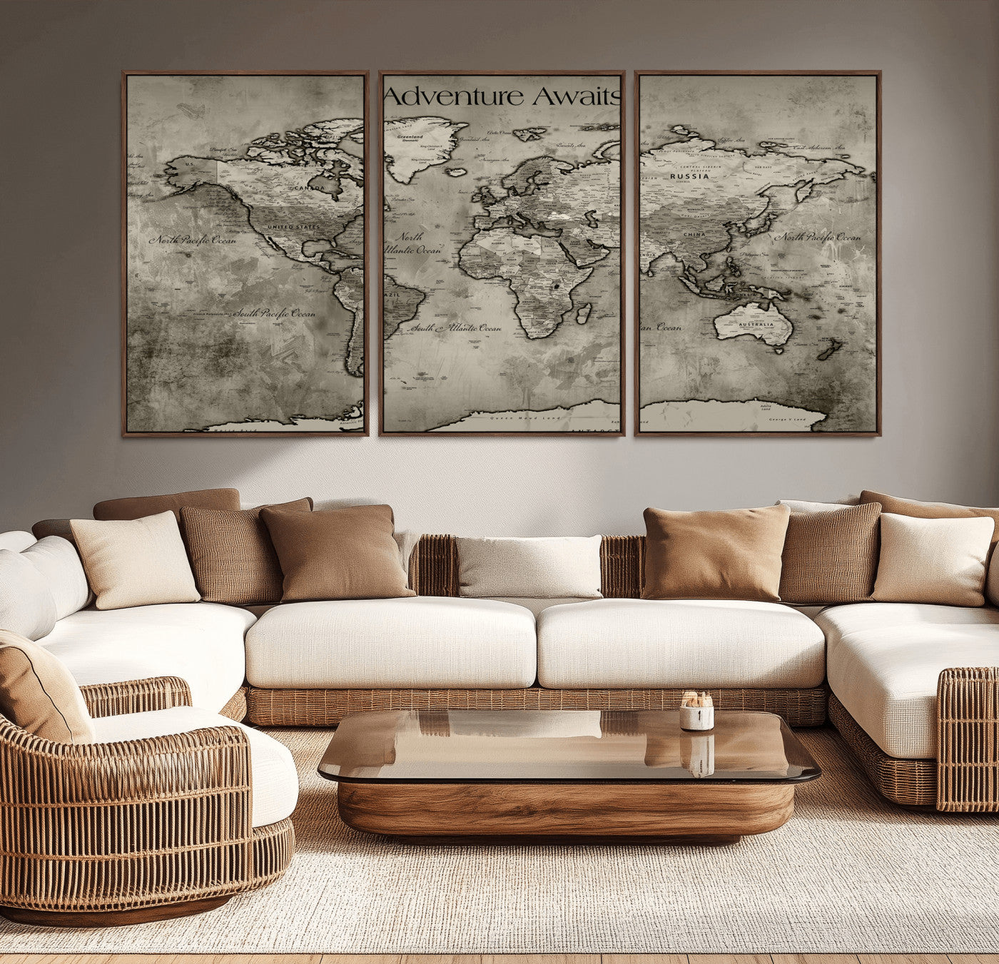24544384-MGV-CV-36X24-Adventure Awaits World Map Wall Art – Black and White Vintage Canvas Print, Rustic Travel Decor, Antique Atlas Artwork for Living