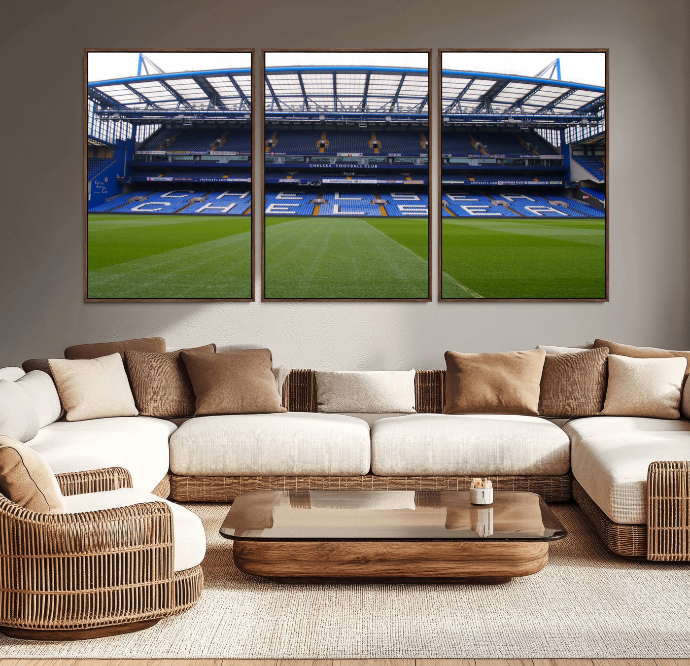 38616413CHELSA-MGV-CV-36X24-Chelsea Stadium Wall Art – Panoramic Football Field Canvas Print, Game Day Sports Decor for Living Room, Office, or Man Cave