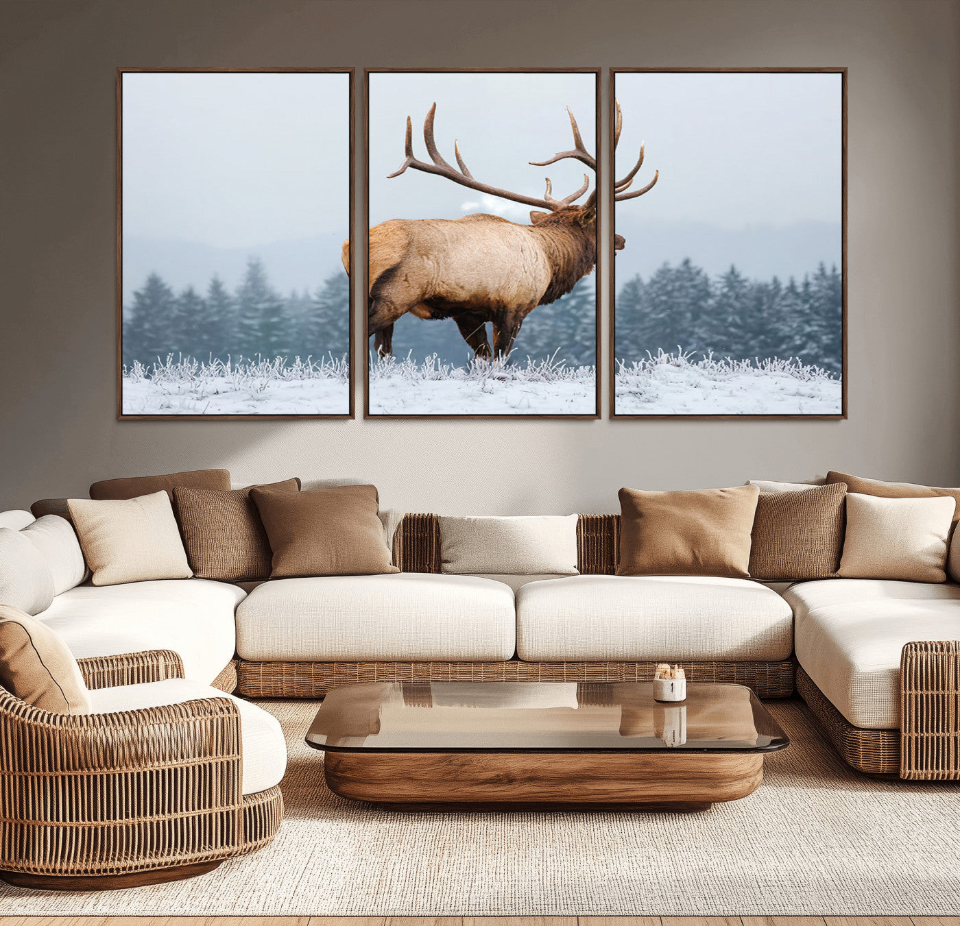 85177251-MGV-CV-36X24-Elk Wall Art – Majestic Wildlife Canvas Print of Bull Elk Snowy Forest, Rustic Nature Decor for Living Room, Cabin, or Office