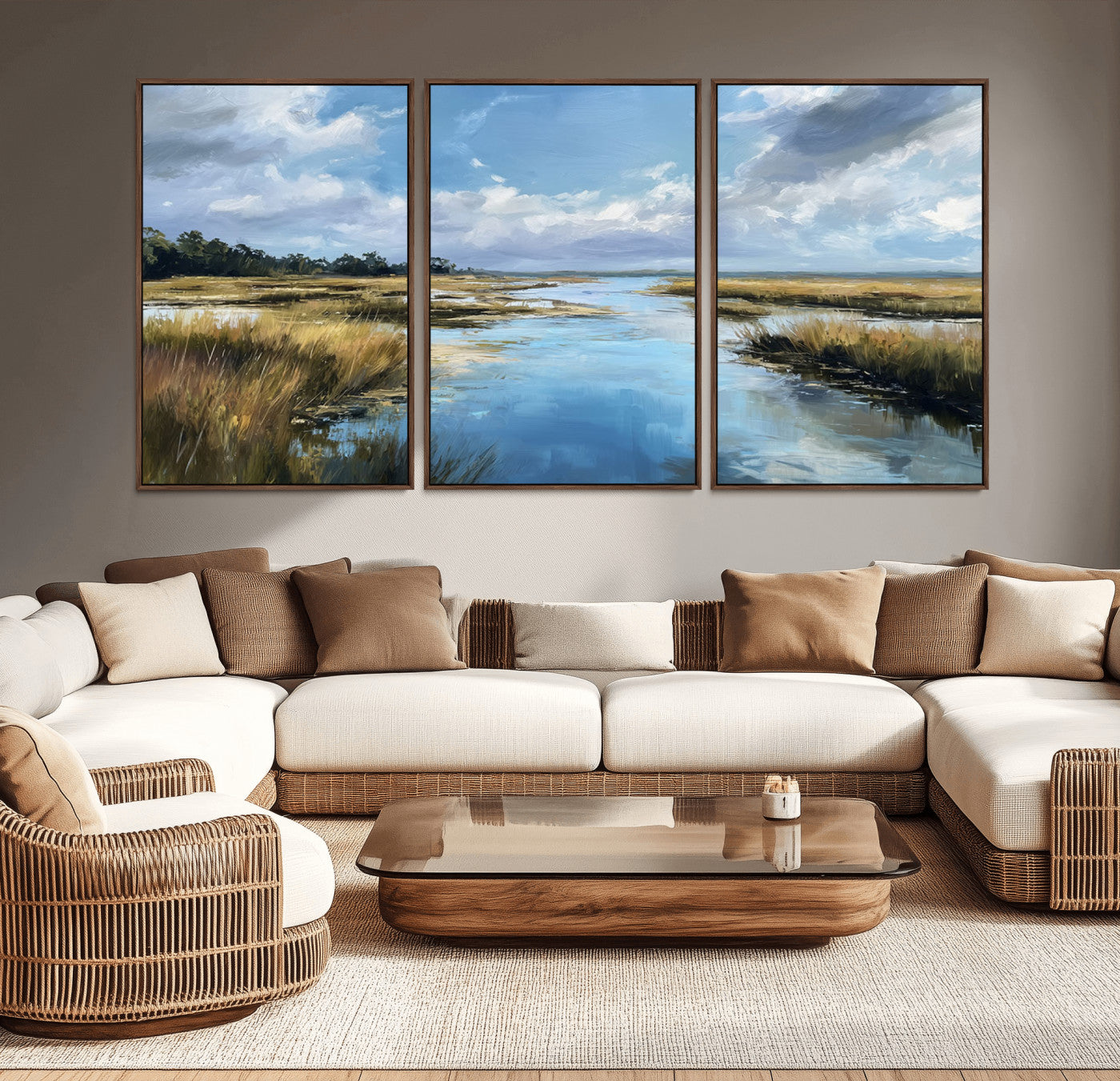 87082041-MGV-CV-36X24-Marshland Landscape Wall Art – Serene Nature Canvas Print with Blue Sky and Reflections, Tranquil Scenic Painting for Living Room,