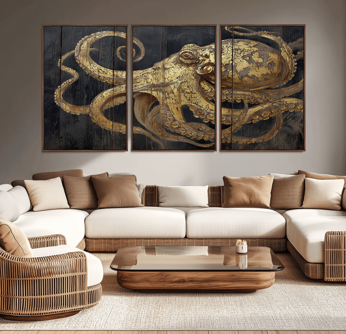 47056538-MGV-CV-36X24-Octopus Wall Art – Gold Nautical Canvas Print with Rustic Wood Texture, Marine Creature Artwork for Coastal Ocean Decoration in