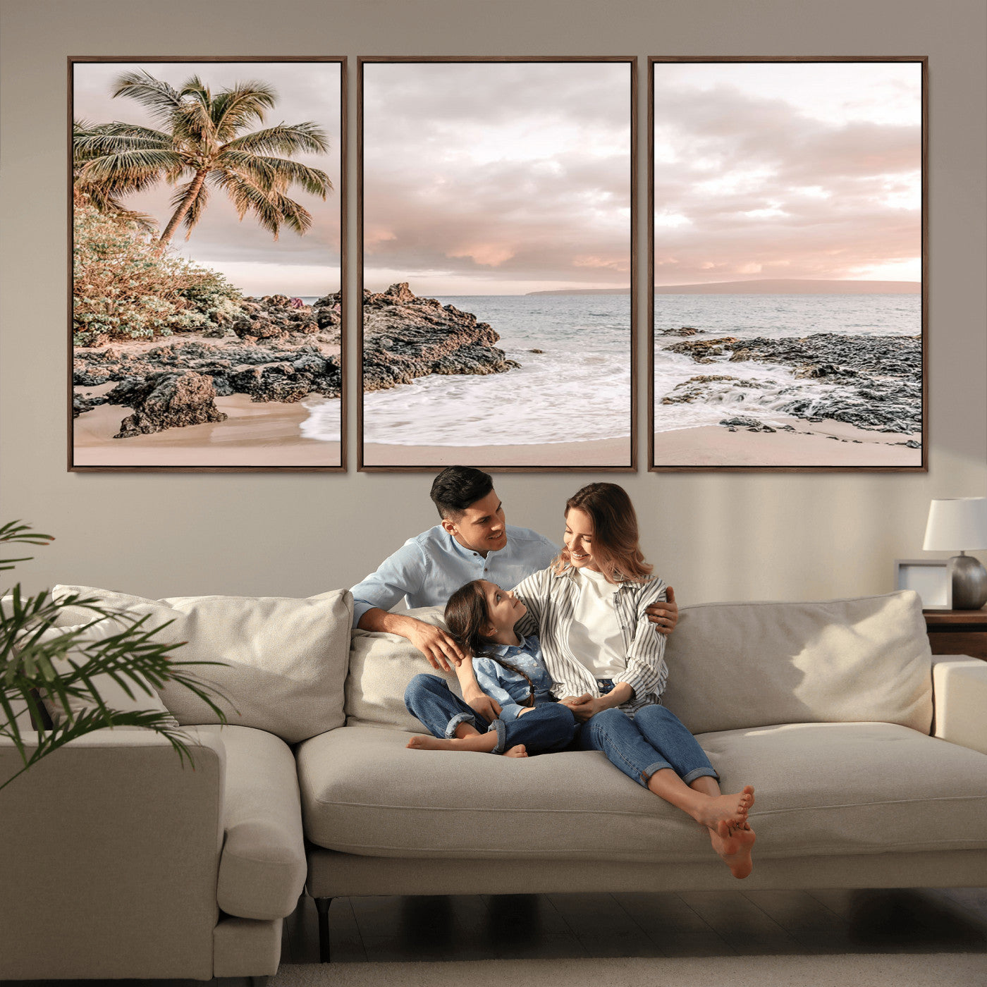 18005328-MGV-FC-60X30-3P_Walnut-Tropical Beach Canvas Wall Art – Palm Tree, Rocky Shoreline, Ocean Waves, Sunset Clouds, Calm Sea, Island Nature Relaxation for