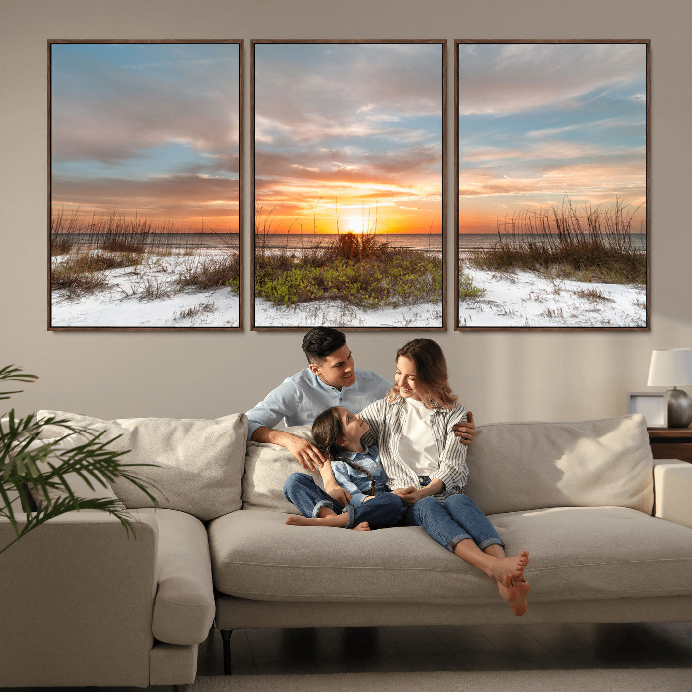 58266230-MGV-FC-60X30-3P_Walnut-Sunset Beach Canvas Wall Art – Coastal Ocean Landscape Print, Seaside Nature Art for Coastal Chic Decor, Living Room, Bedroom,