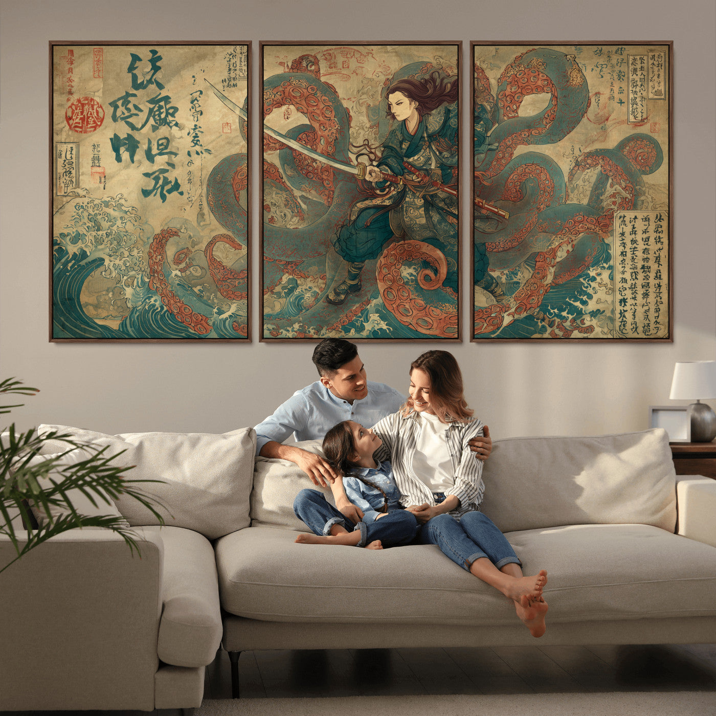 98593115-MGV-FC-60X30-3P_Walnut-Tsukioka Yoshitoshi Samurai Wall Art Print, Japanese Katana Warrior Canvas Wall Art, Octopus Sea Monster Canvas Print,
