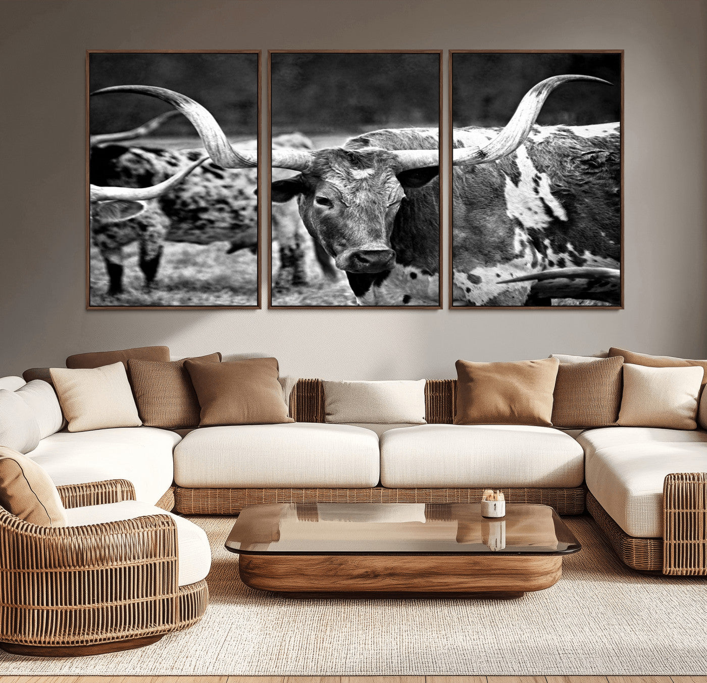 15425553-MGV-CV-36X24-Western Wall Art – Longhorn Cattle Black and White Canvas Print, Rustic Ranch Photography Decor for Bedroom, Living Room, Office,