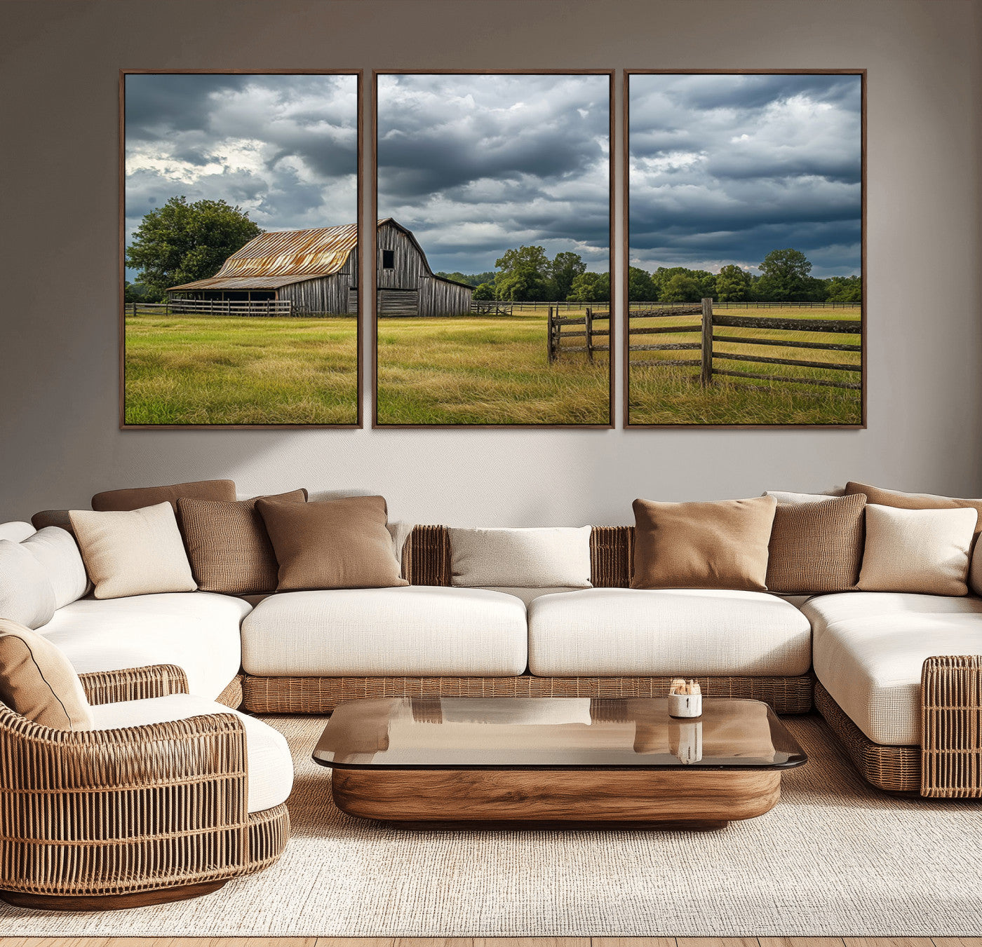 39409517-MGV-CV-36X24-Rustic Barn Wall Art – Weathered Farmhouse and Storm Clouds Canvas Print, Country Landscape Photography Decor for Bedroom, Living