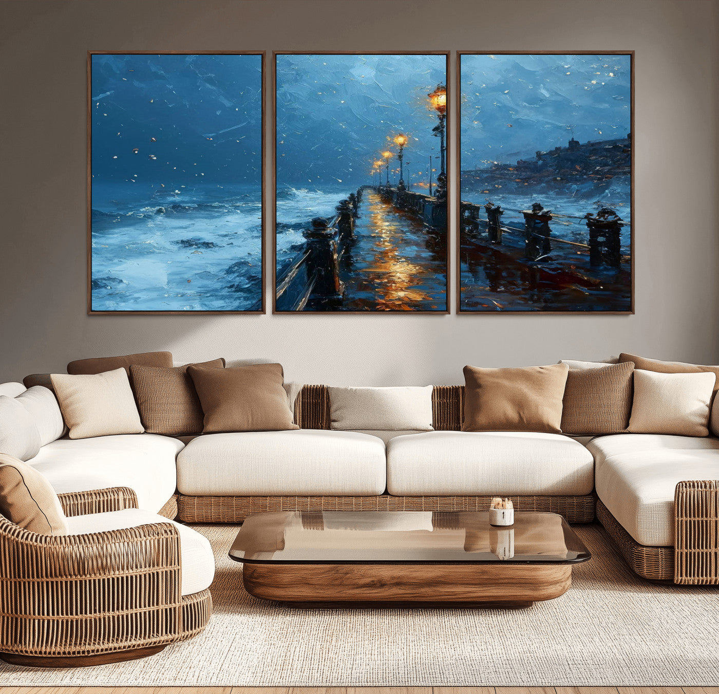 93793246-MGV-CV-36X24-Stormy Night Pier Canvas Wall Art – Moody Ocean Landscape with Lights, Blue Coastal Seascape Print for Bedroom, Living Room,