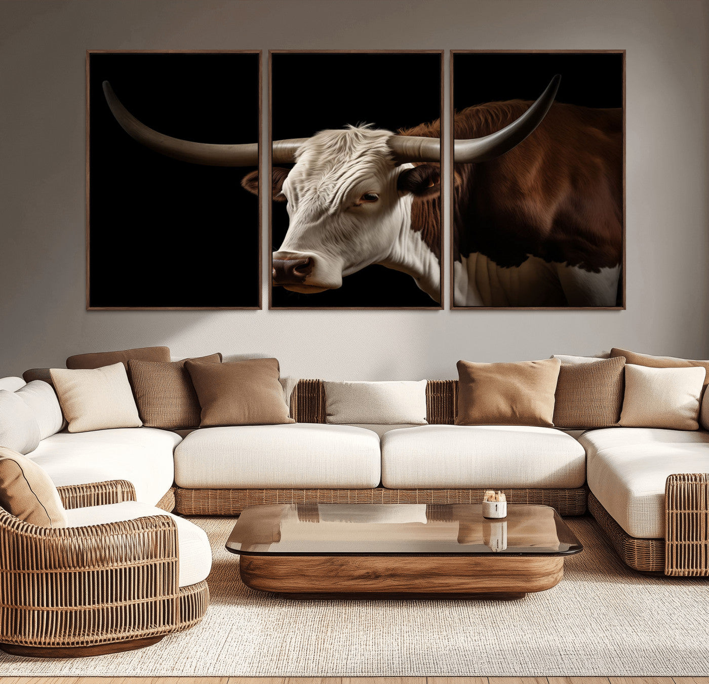 27414857-MGV-CV-36X24-Longhorn Bull Wall Art – Dramatic Western Steer Portrait Canvas Print, Rustic Farmhouse Animal Decor for Living Room, Office, or