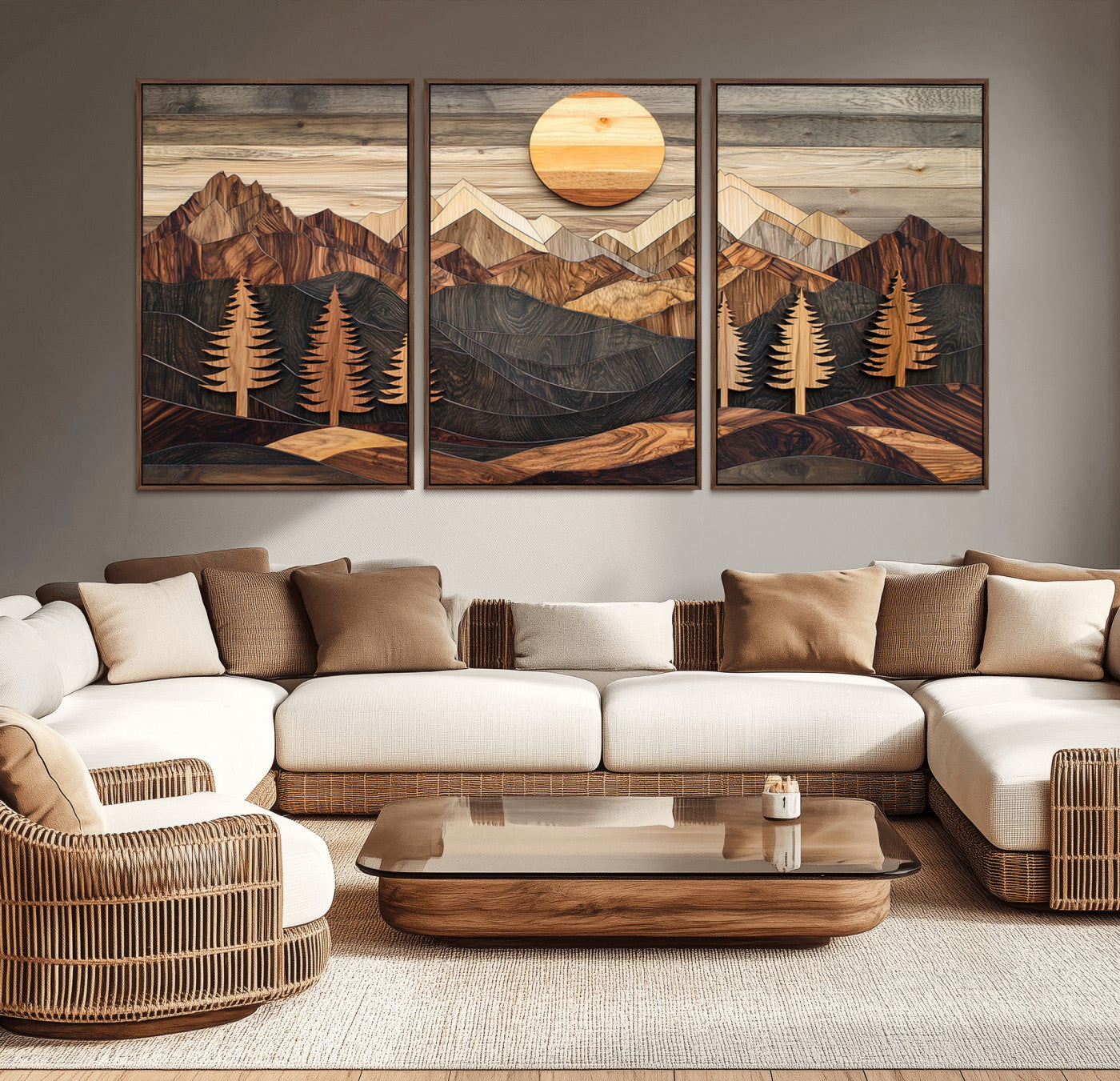 90044381-MGV-CV-36X24-Rustic Wall Art – Wooden Mountain Landscape with Sun and Pine Trees, Handcrafted Nature Canvas Style Decor for Bedroom, Living