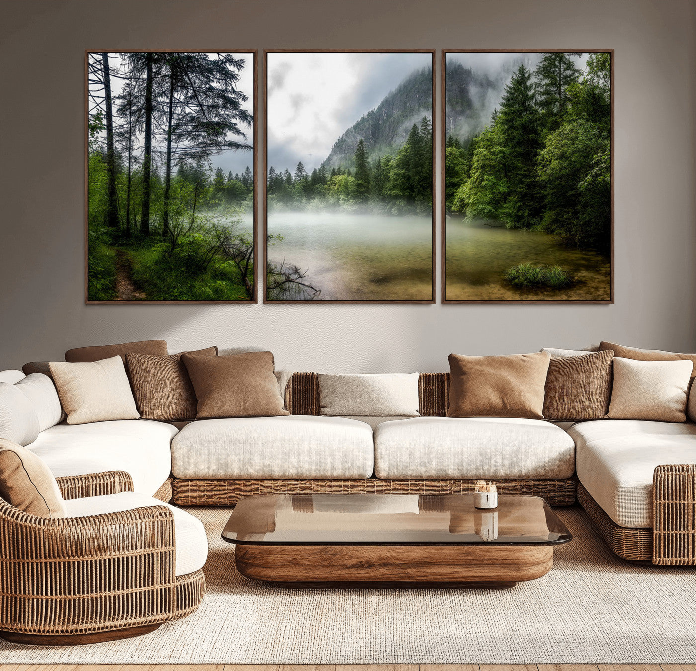 93123937-MGV-CV-36X24-Landscape Wall Art – Misty Mountain Lake Canvas Print, Tranquil Forest and Waterfall Photography Decor for Bedroom, Living Room,