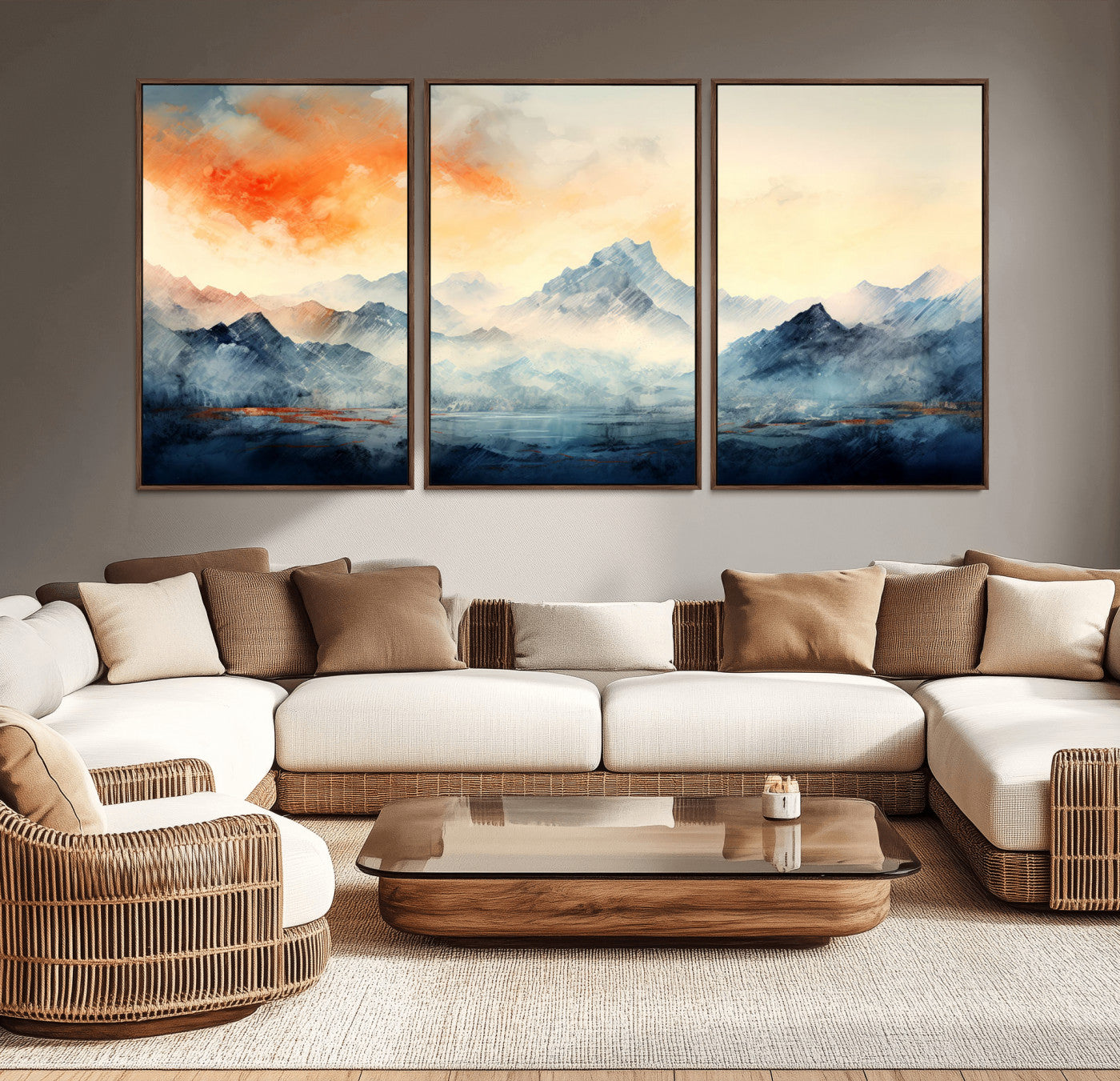 WRM1005-MGV-CV-36X24-Mountain Landscape Wall Art – Panoramic Watercolor Canvas Print, Abstract Nature Decor for Living Room, Office, Bedroom or Cabin