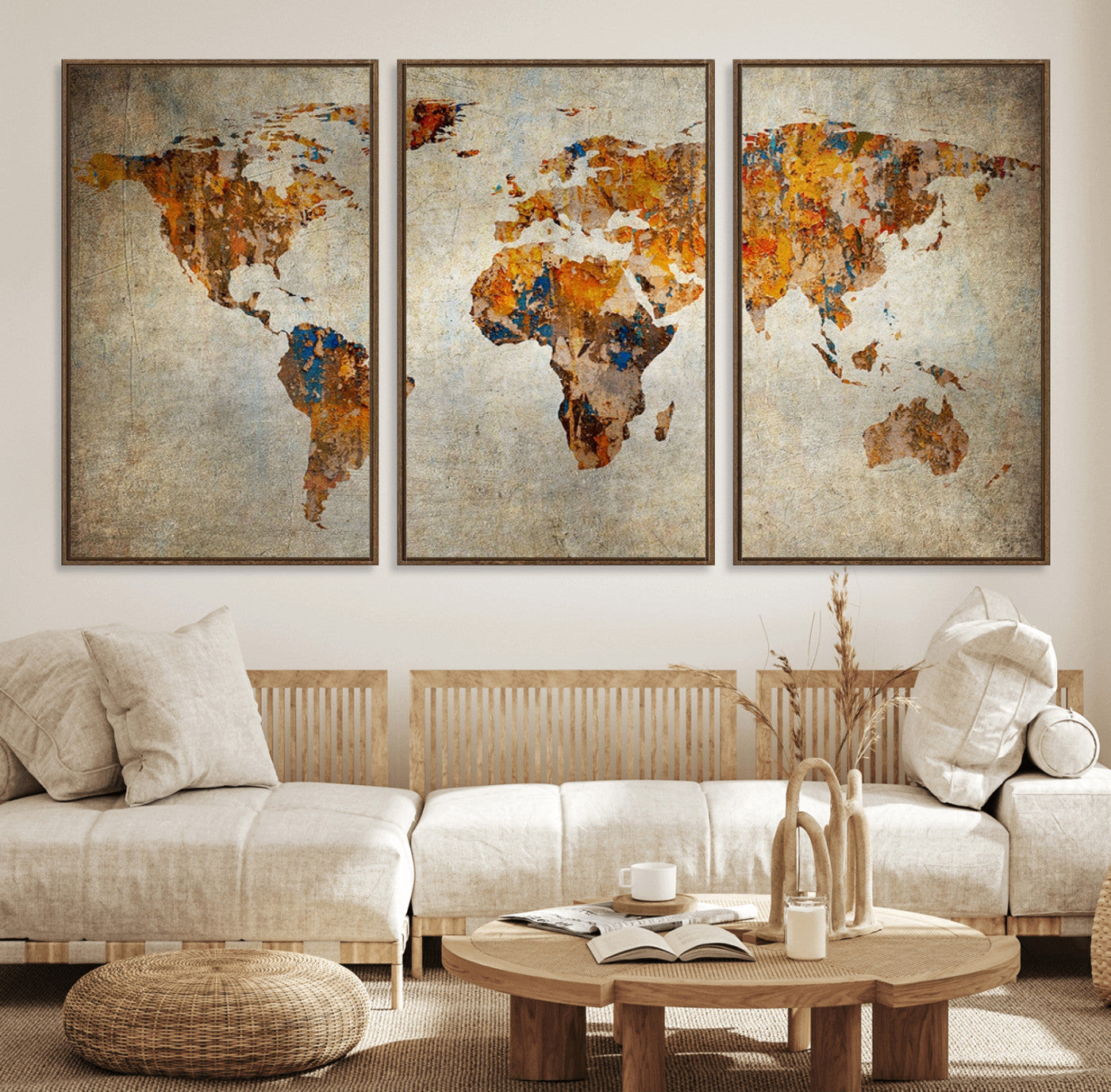 MGV-FC-60X30-3P - Rustic World Map Wall Art Canvas Print, Framed Orange World Map Art Picture Print, Antique Style Map Perfect Vintage Explorer Decor Artwork