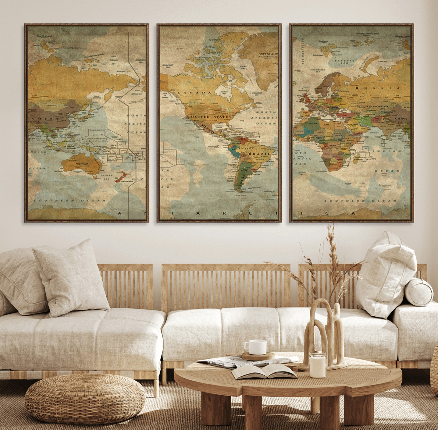 MGV-FC-60X30-3P - Vintage World Map Wall Art Canvas Print, Framed Antique Atlas Art Picture Print, Aged Paper Map Perfect Vintage Explorer Decor Artwork