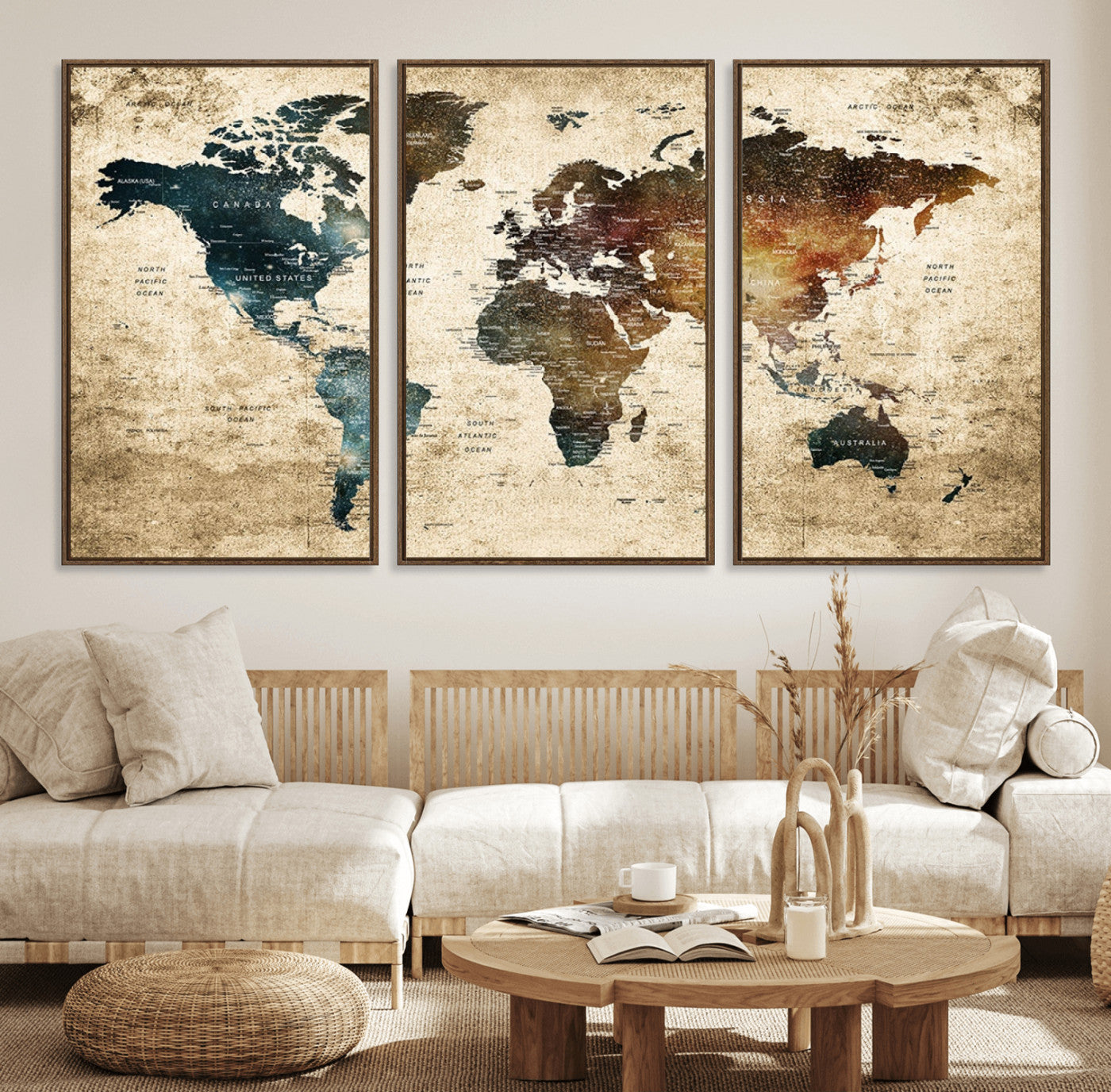 MGV-FC-60X30-3P - Rustic World Map Wall Art Canvas Print, Framed Vintage Map Art Picture Print, Grunge Atlas Perfect Moody Rustic Decor Artwork