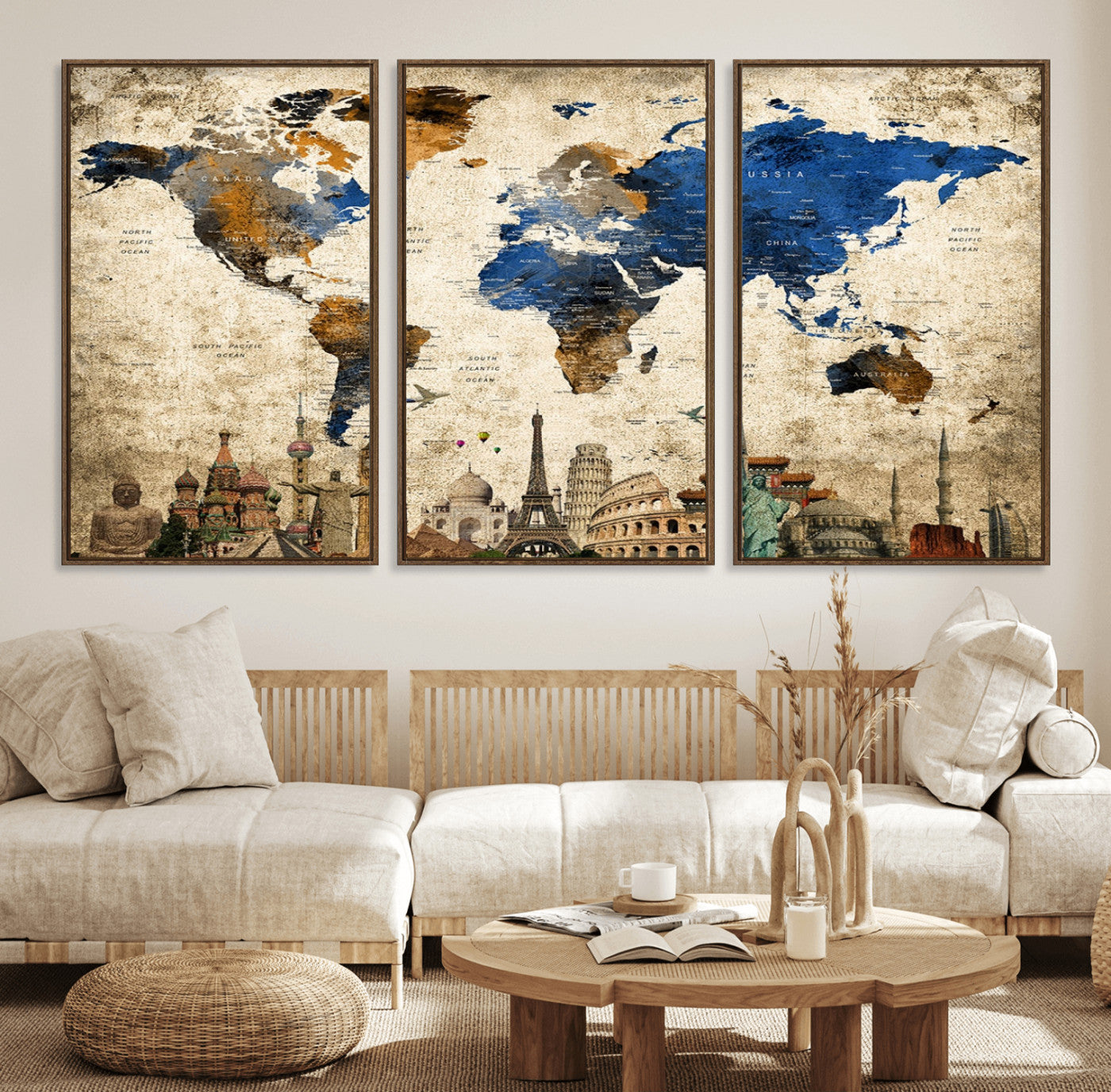 MGV-FC-60X30-3P - Vintage World Map Wall Art Canvas Print, Framed Cultural Map Art Picture Print, World Landmarks Perfect Cultural Vintage Decor Artwork