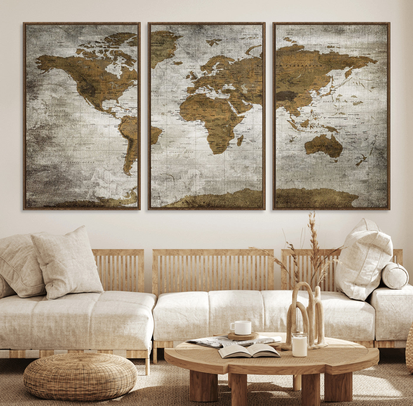 MGV-FC-60X30-3P - Rustic World Map Wall Art Canvas Print, Framed Vintage Atlas Art Picture Print, Aged Paper Map Perfect Vintage Explorer Decor Artwork
