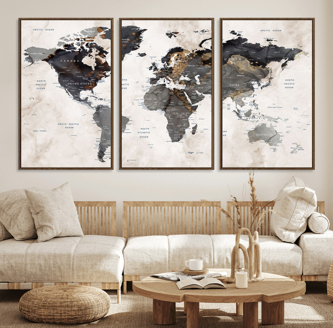MGV-FC-60X30-3P - World Map Wall Art Canvas Print, Framed Rustic Map Art Picture Print, Antique Map Perfect Rustic Explorer Decor Artwork