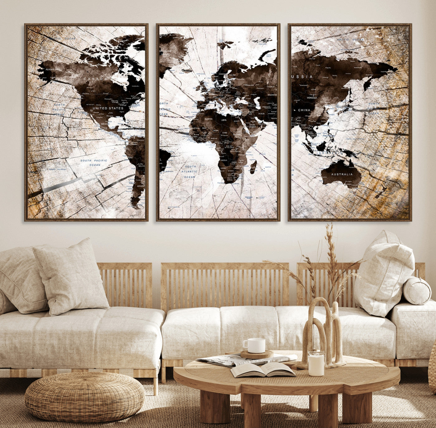 MGV-FC-60X30-3P - World Map Wall Art Canvas Print, Framed Rustic Map Art Picture Print, Antique Finished Map Perfect Vintage Explorer Decor Artwork