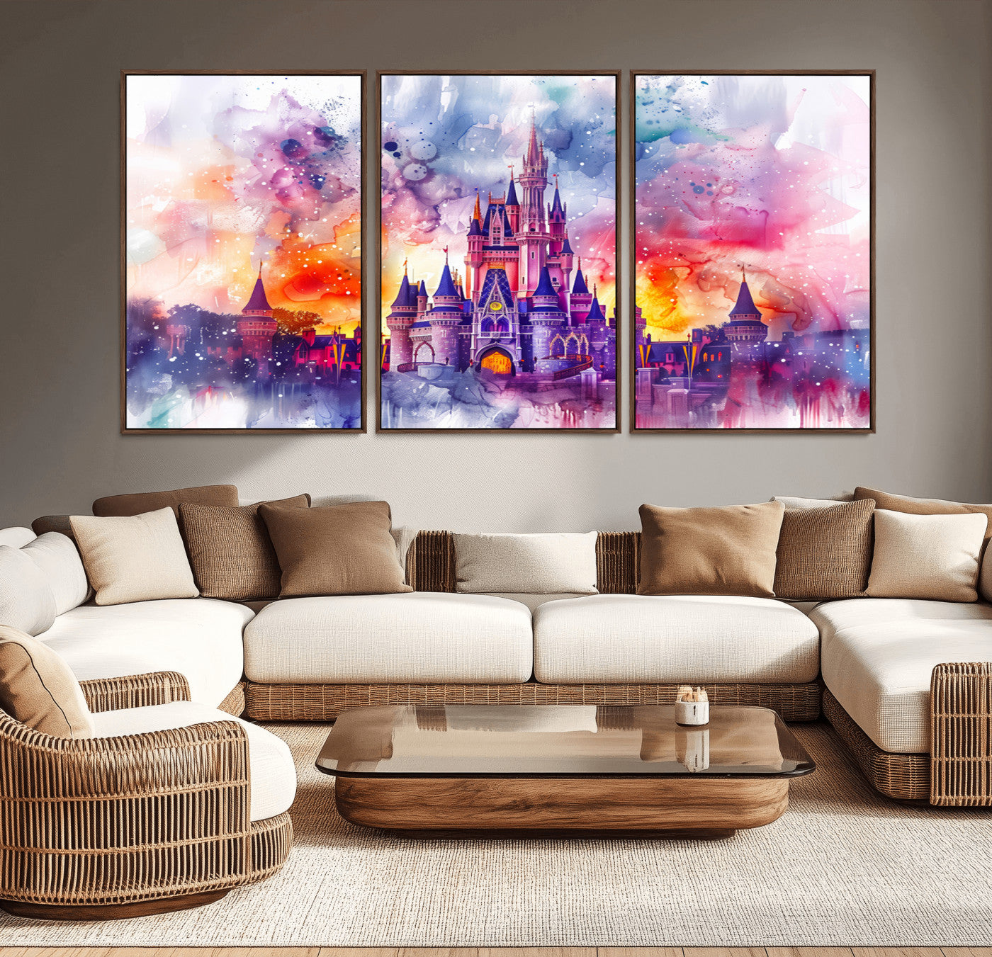 80707-MGV-CV-36X24-Cinderella Castle Wall Art Canvas Print, Framed Watercolor Sky Art Picture Print, Magic Kingdom Perfect Whimsical Fairytale Decor